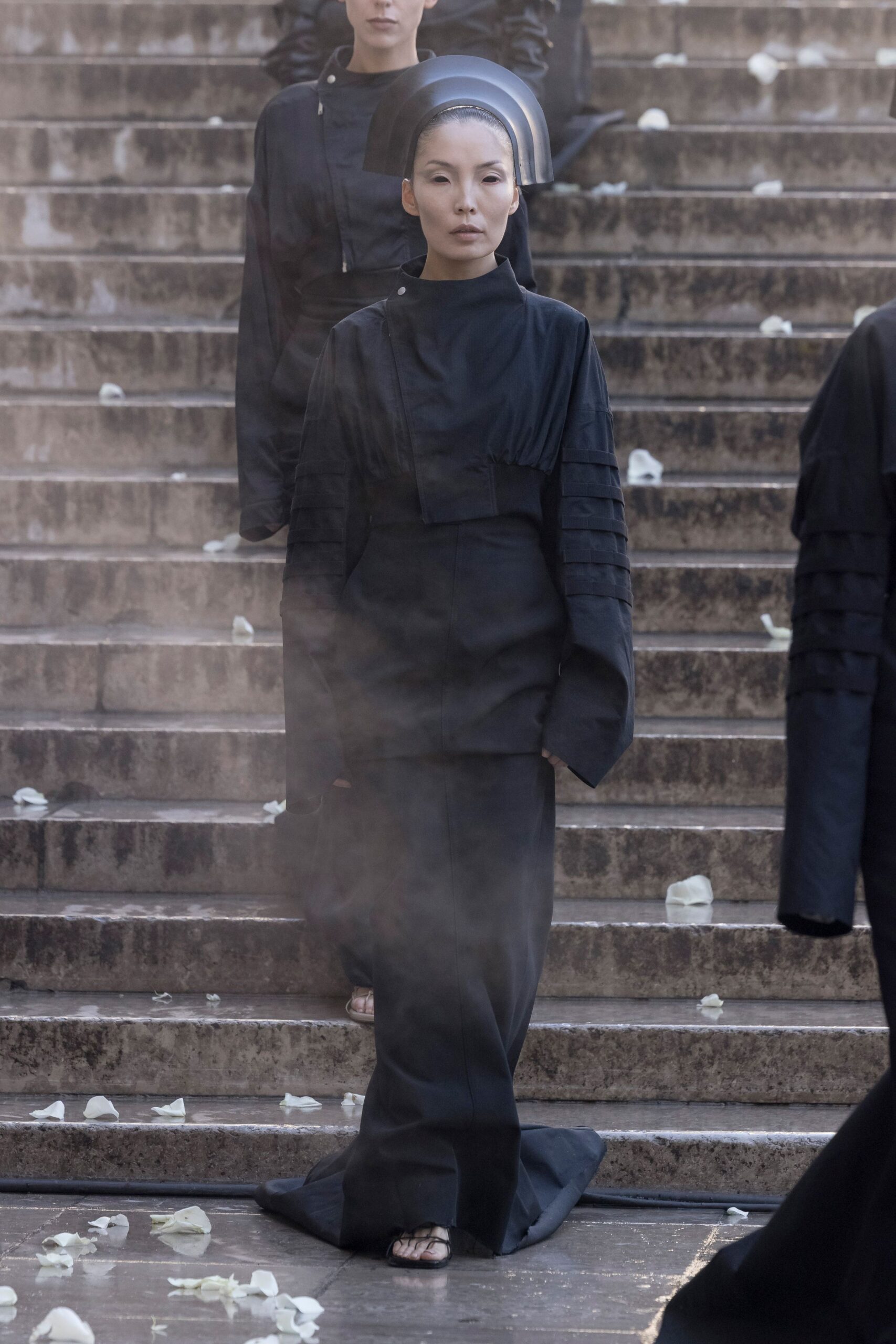 black fitted maxi dress with long sleeves