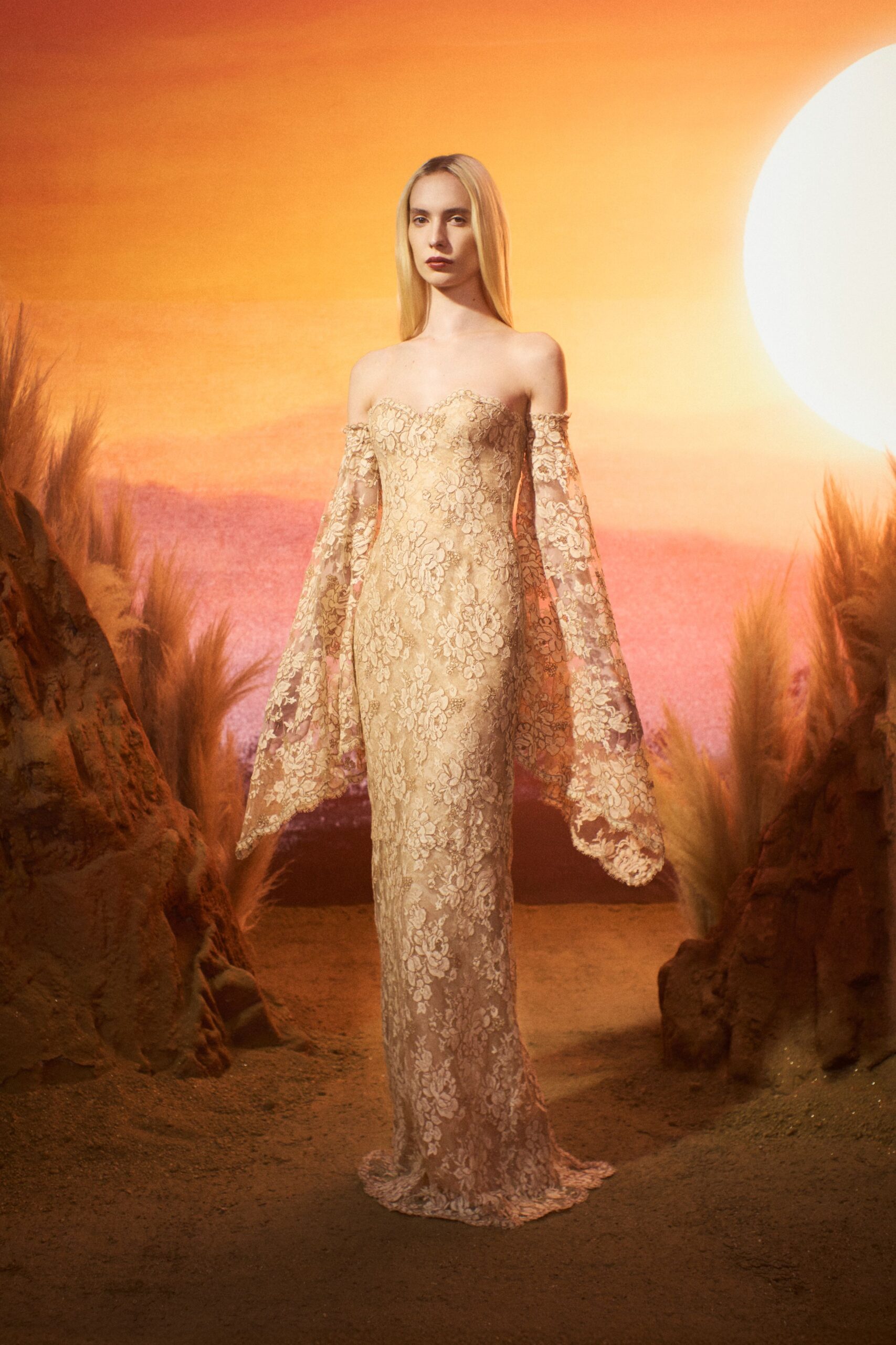 beige lace off-shoulder gown