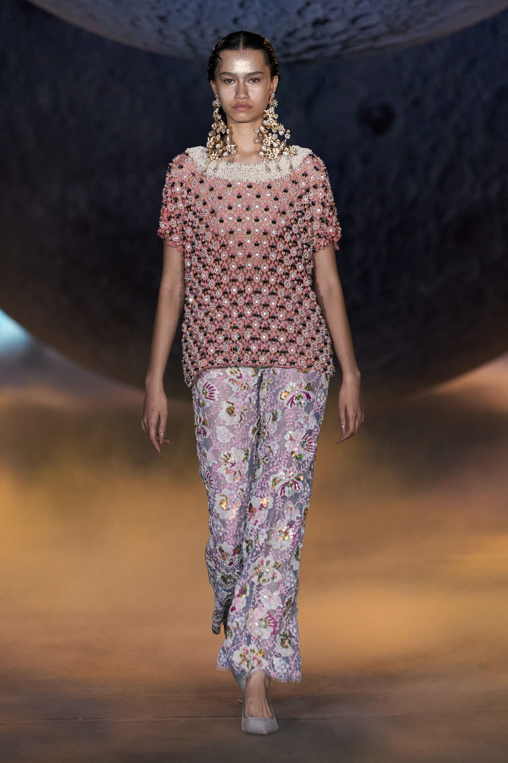 pink silk short-sleeve scoop-neck fitted embroidered shiny top