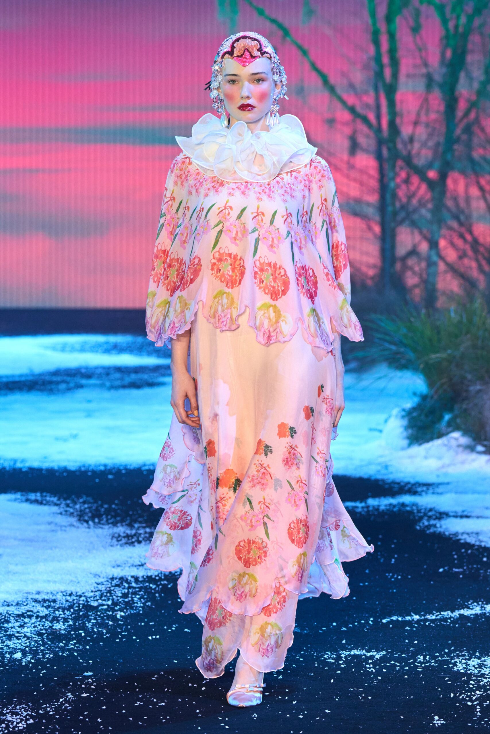 pink silk long-sleeve high-neck relaxed floral layered gown