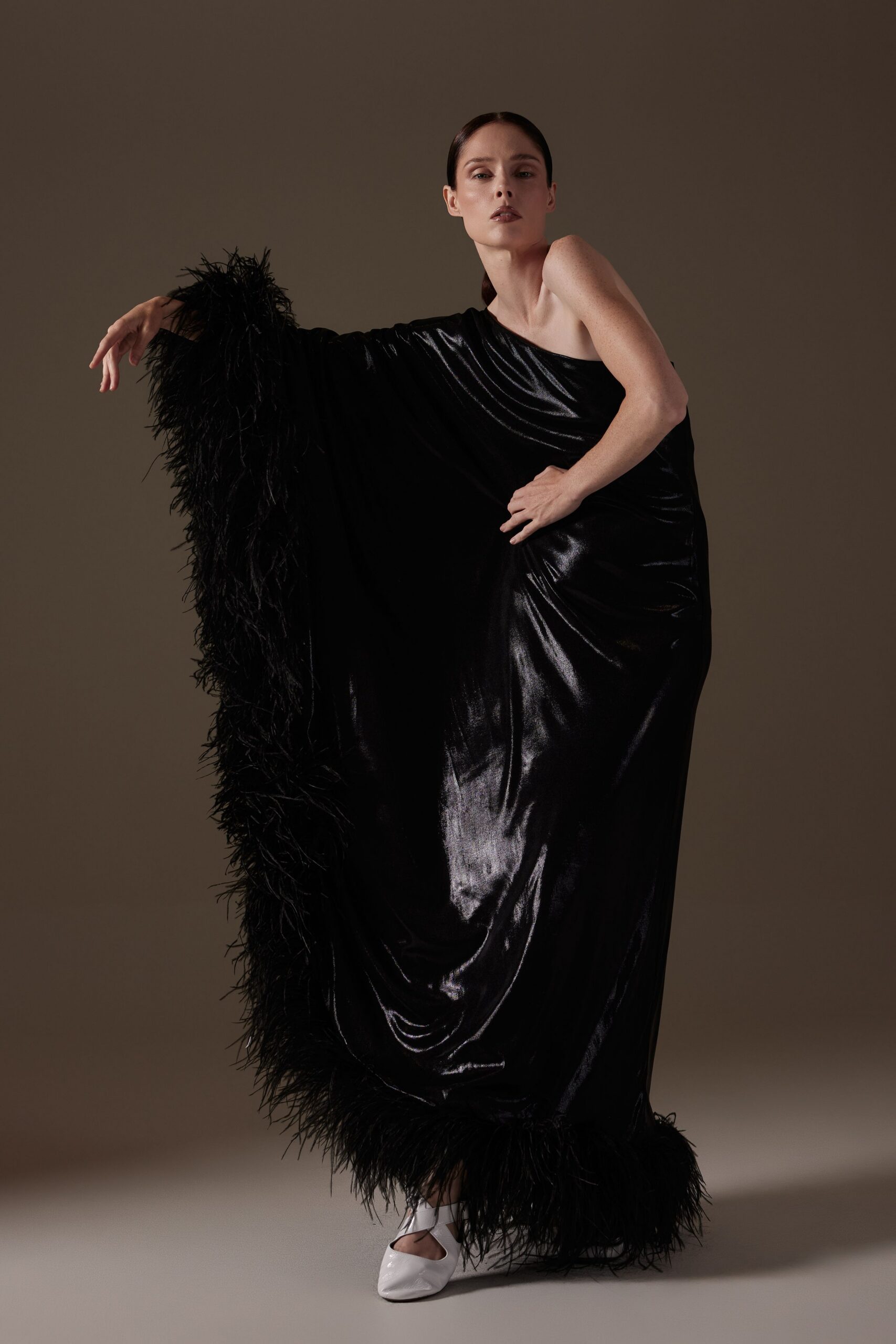 black silk sleeveless off-shoulder fitted draped fringed gown