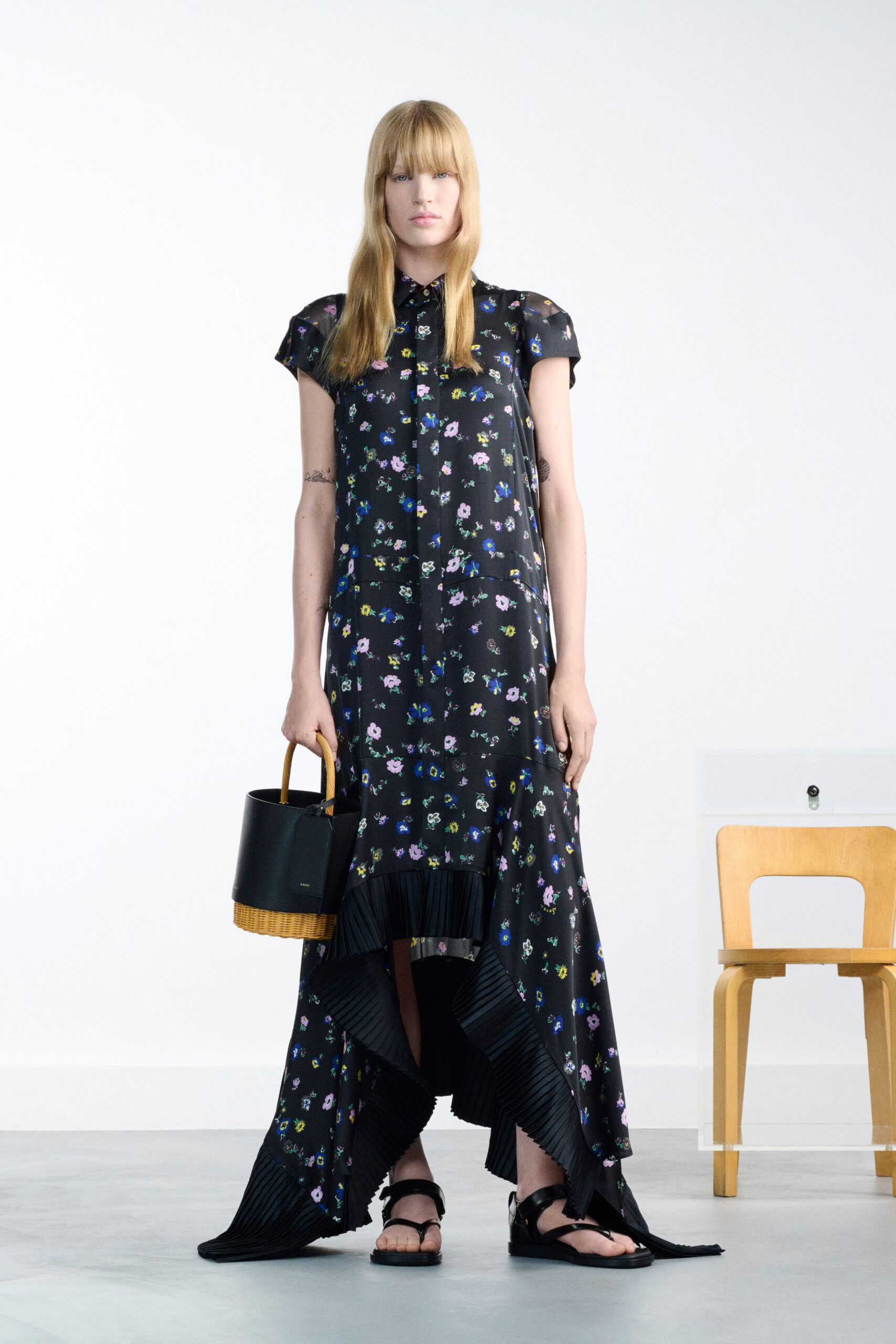 black cotton short-sleeve collared fitted floral maxi dress