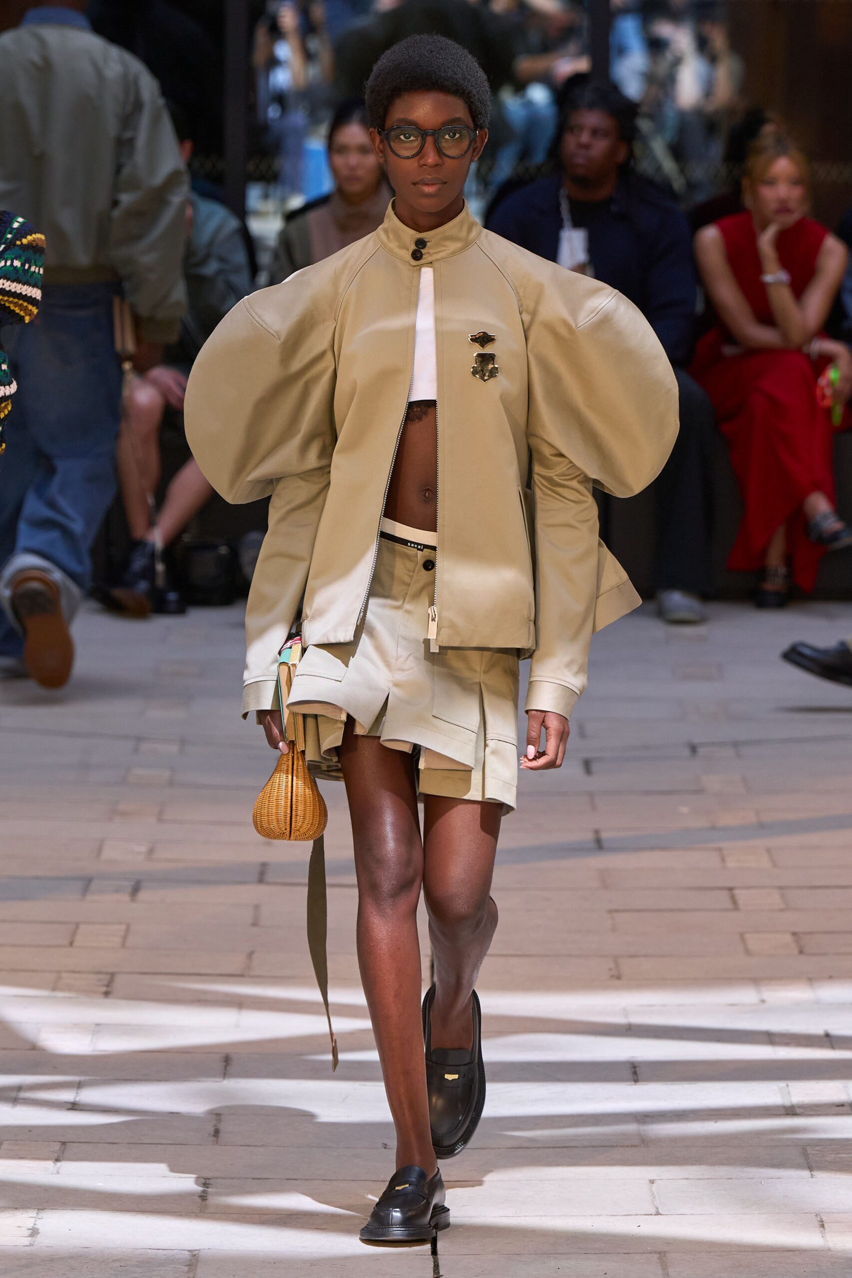 beige leather long-sleeve collared fitted pleated jacket