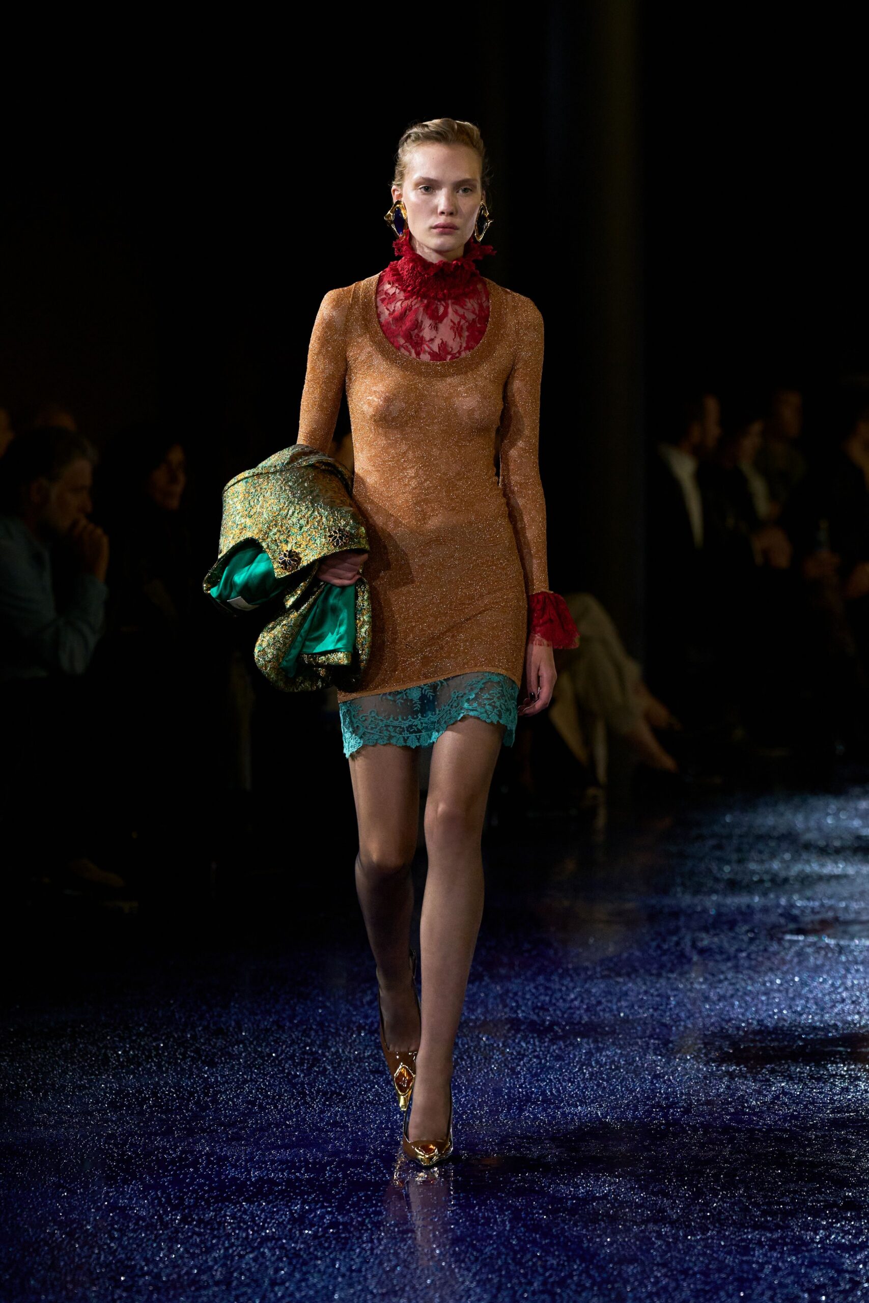 orange silk long-sleeve v-neck fitted ruched layered dress