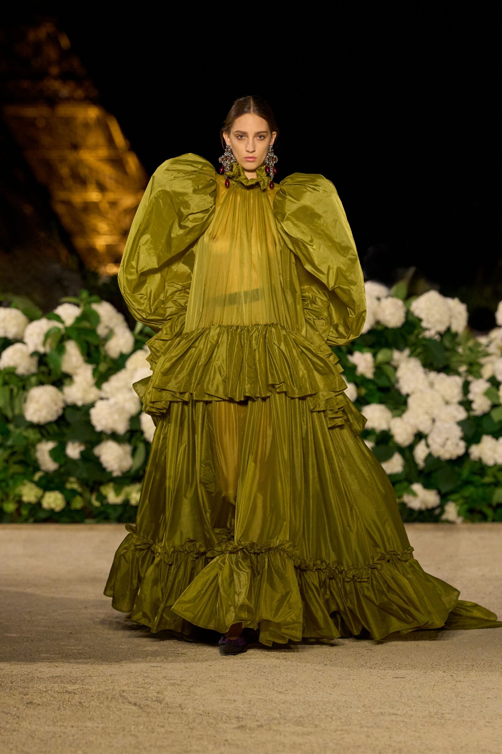 green silk ruffled gown