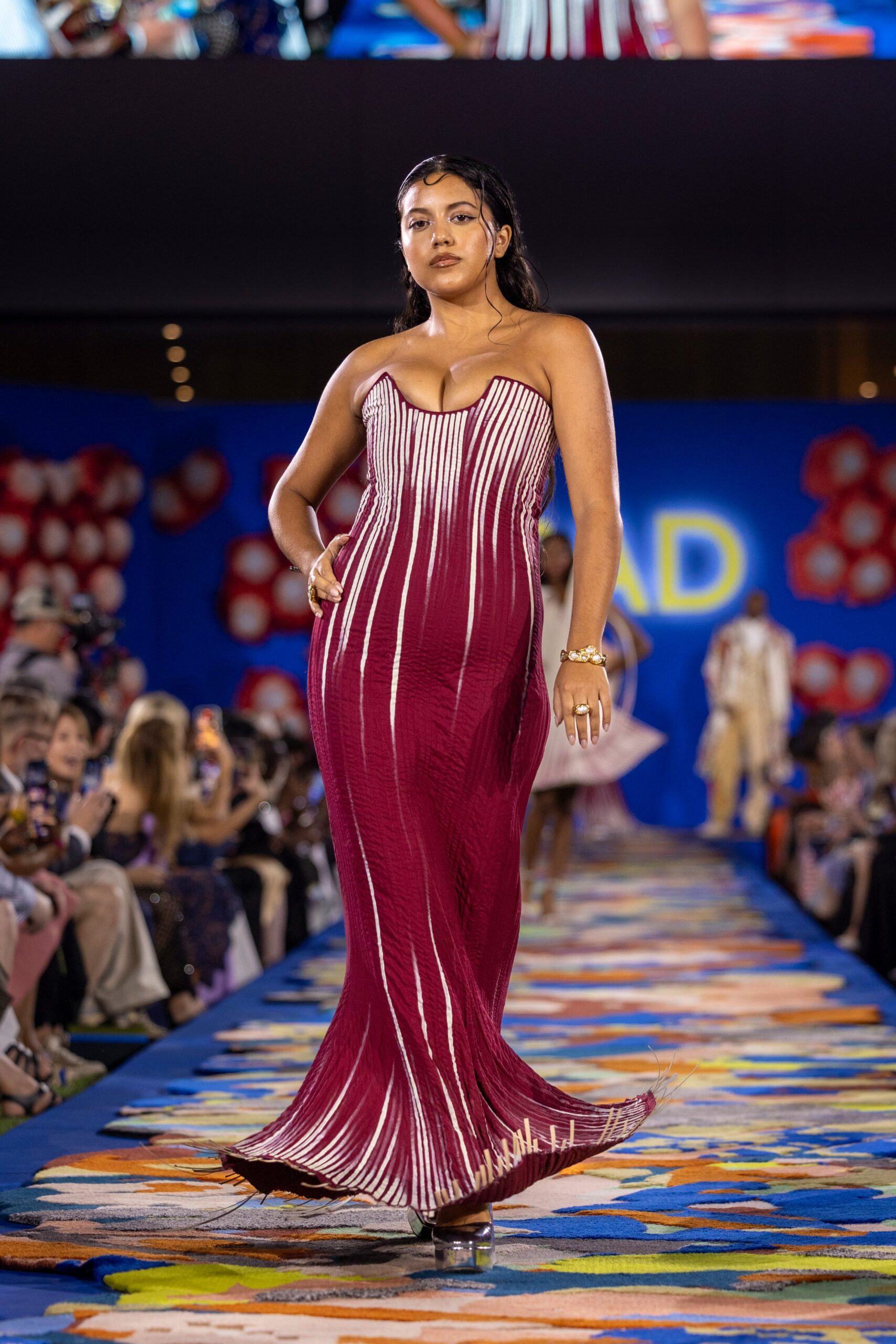 red and white pleated gown