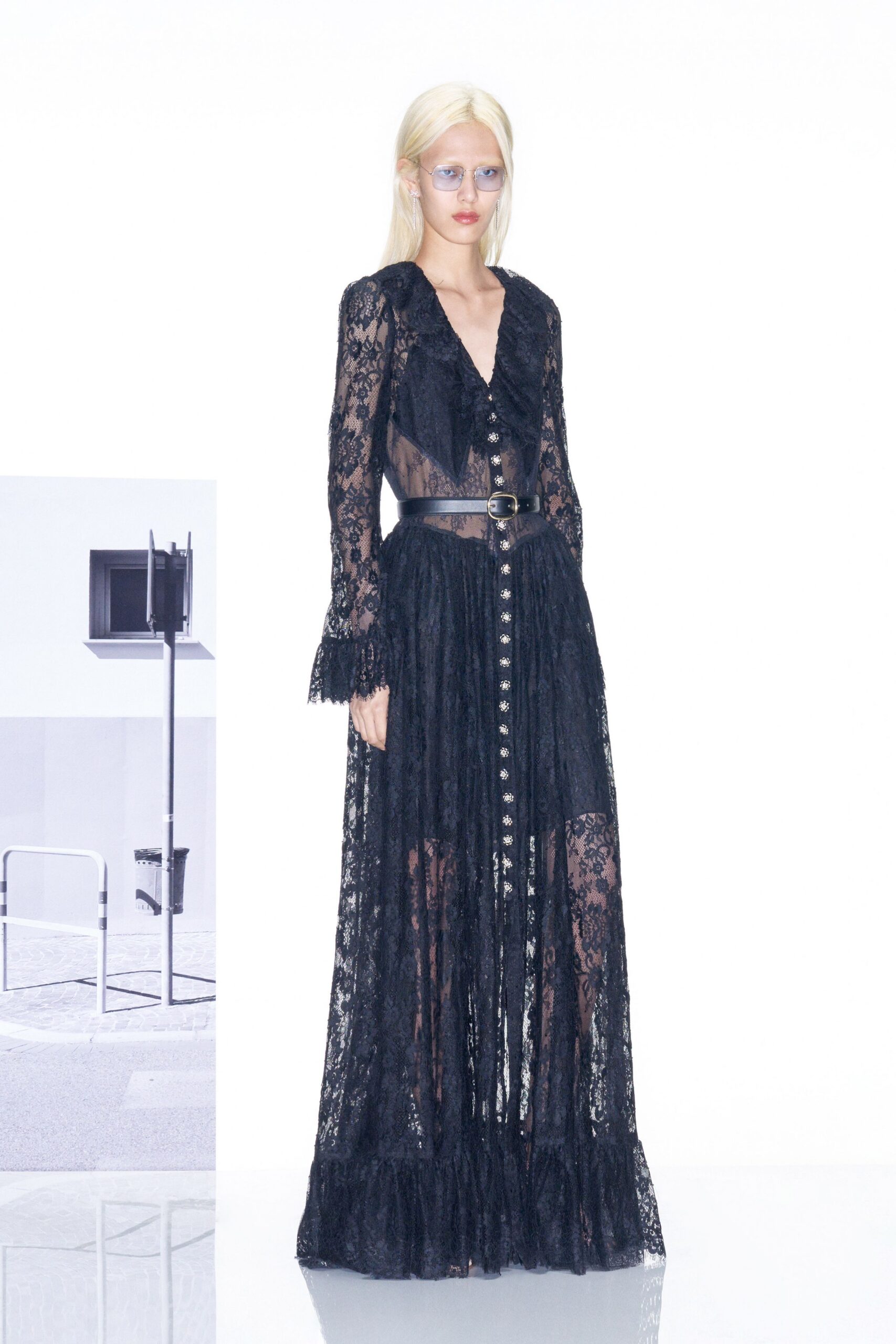 black lace long-sleeve v-neck fitted layered belted gown