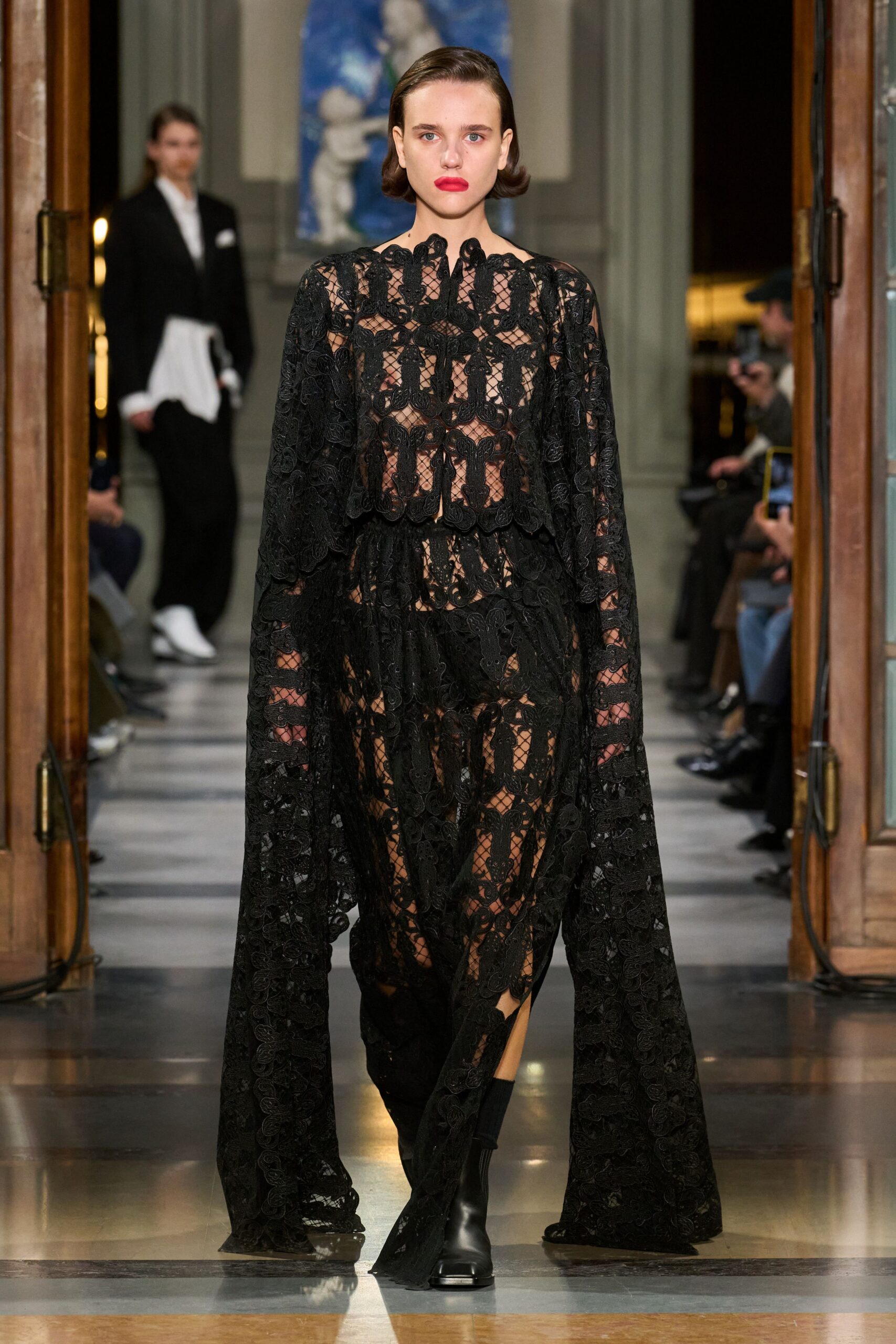 black lace maxi gown with boots