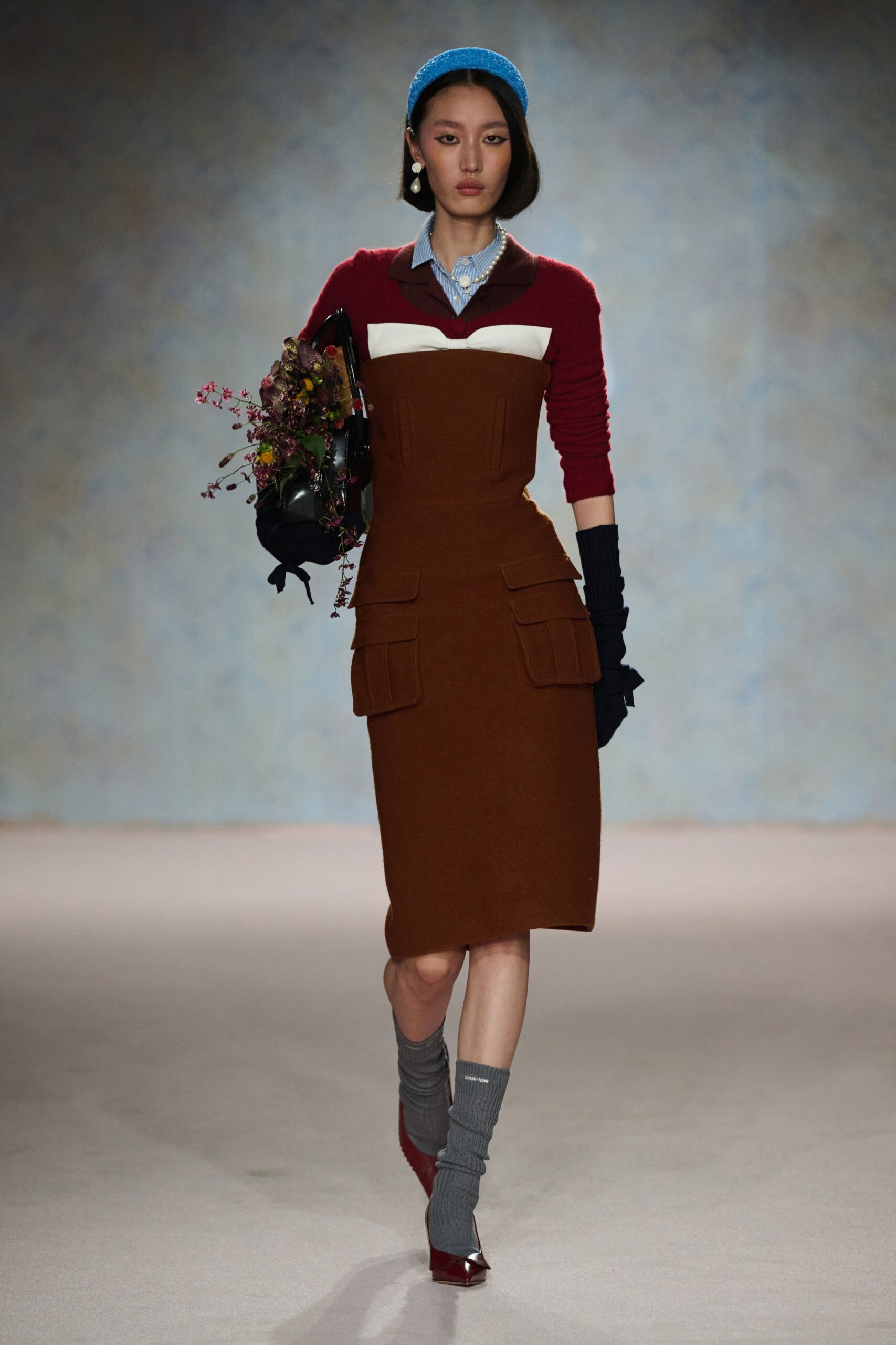 brown cotton long-sleeve collared fitted pencil pockets dress