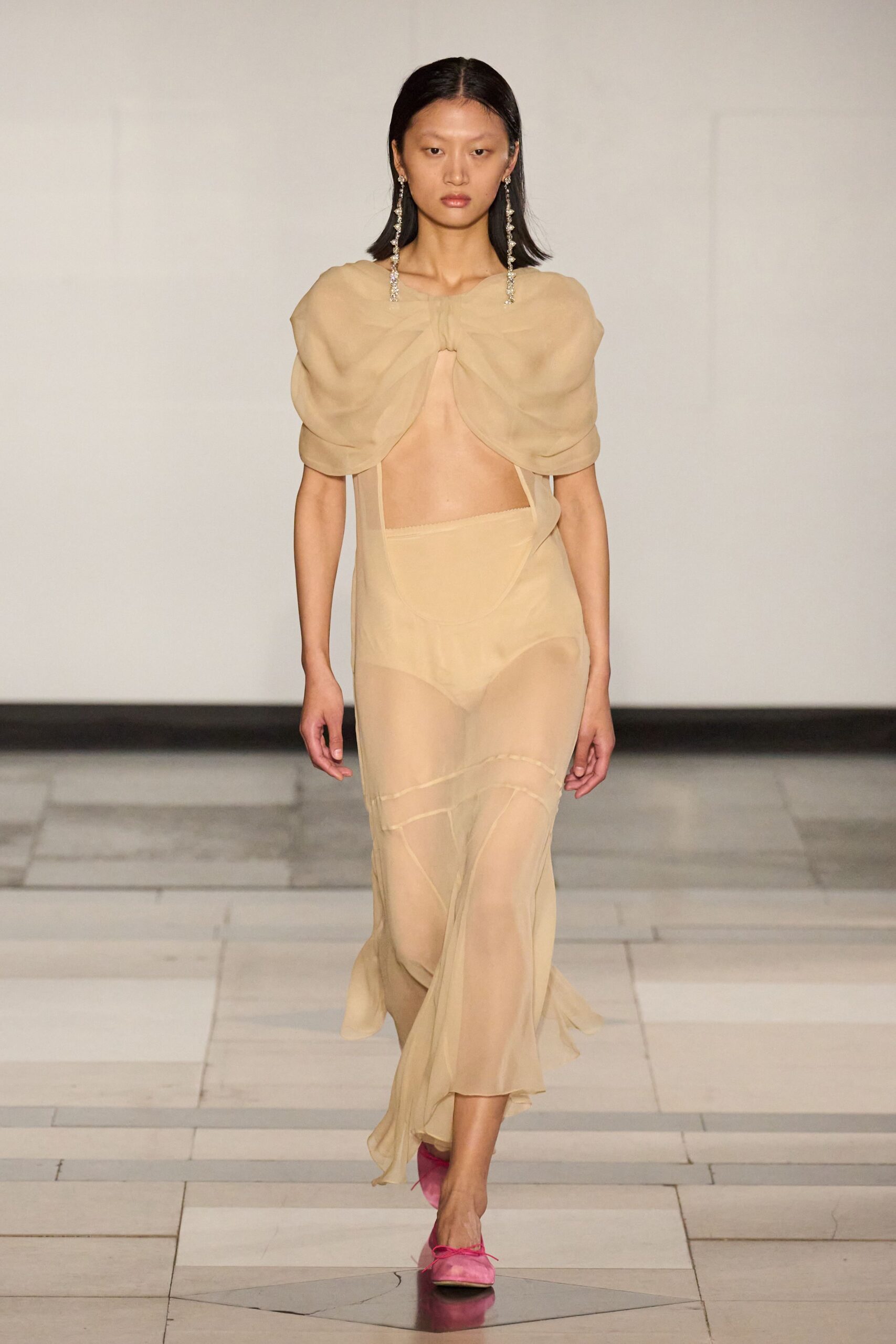 beige chiffon sleeveless v-neck fitted draped sheer gown
