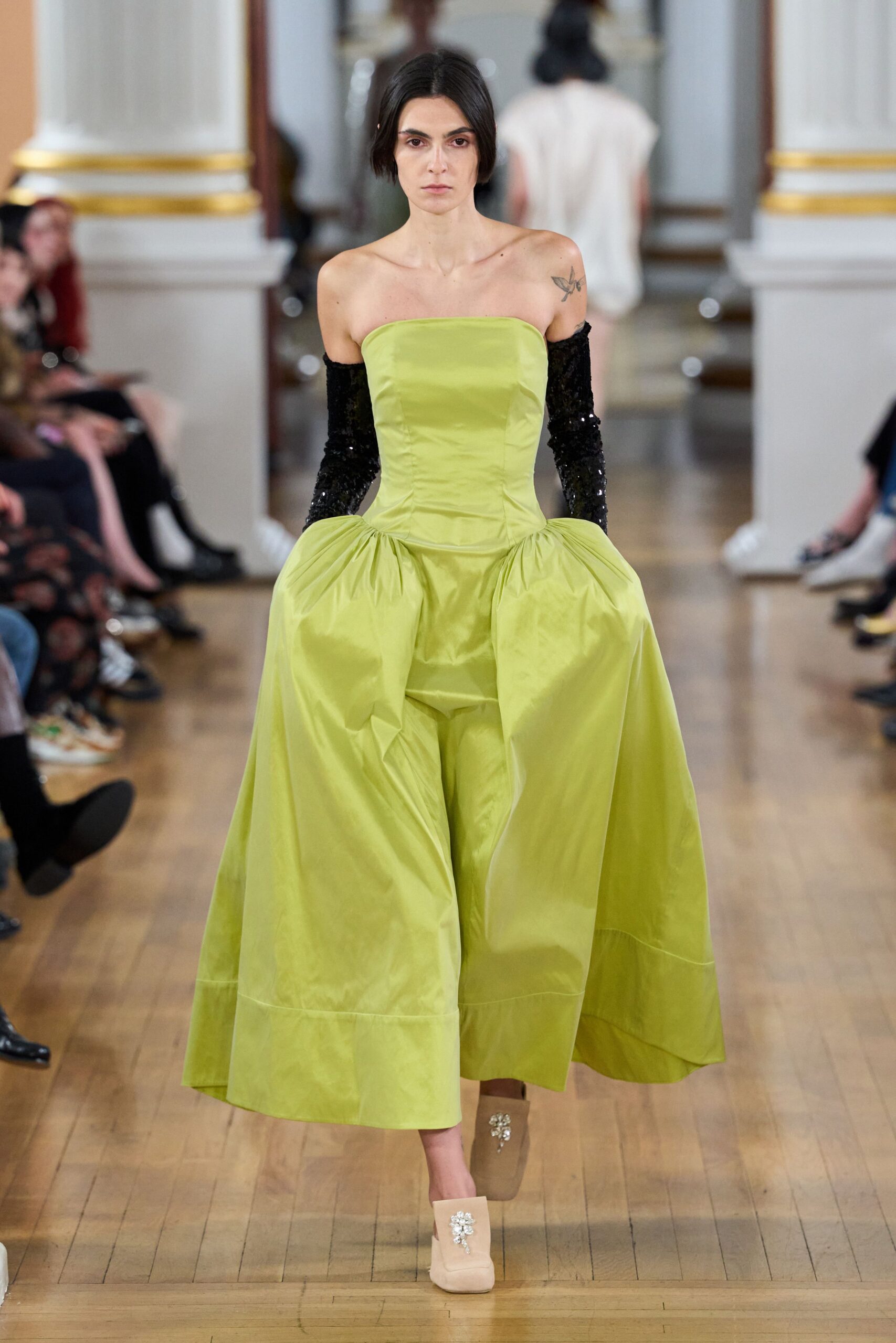 green silk strapless fitted pleated midi dress