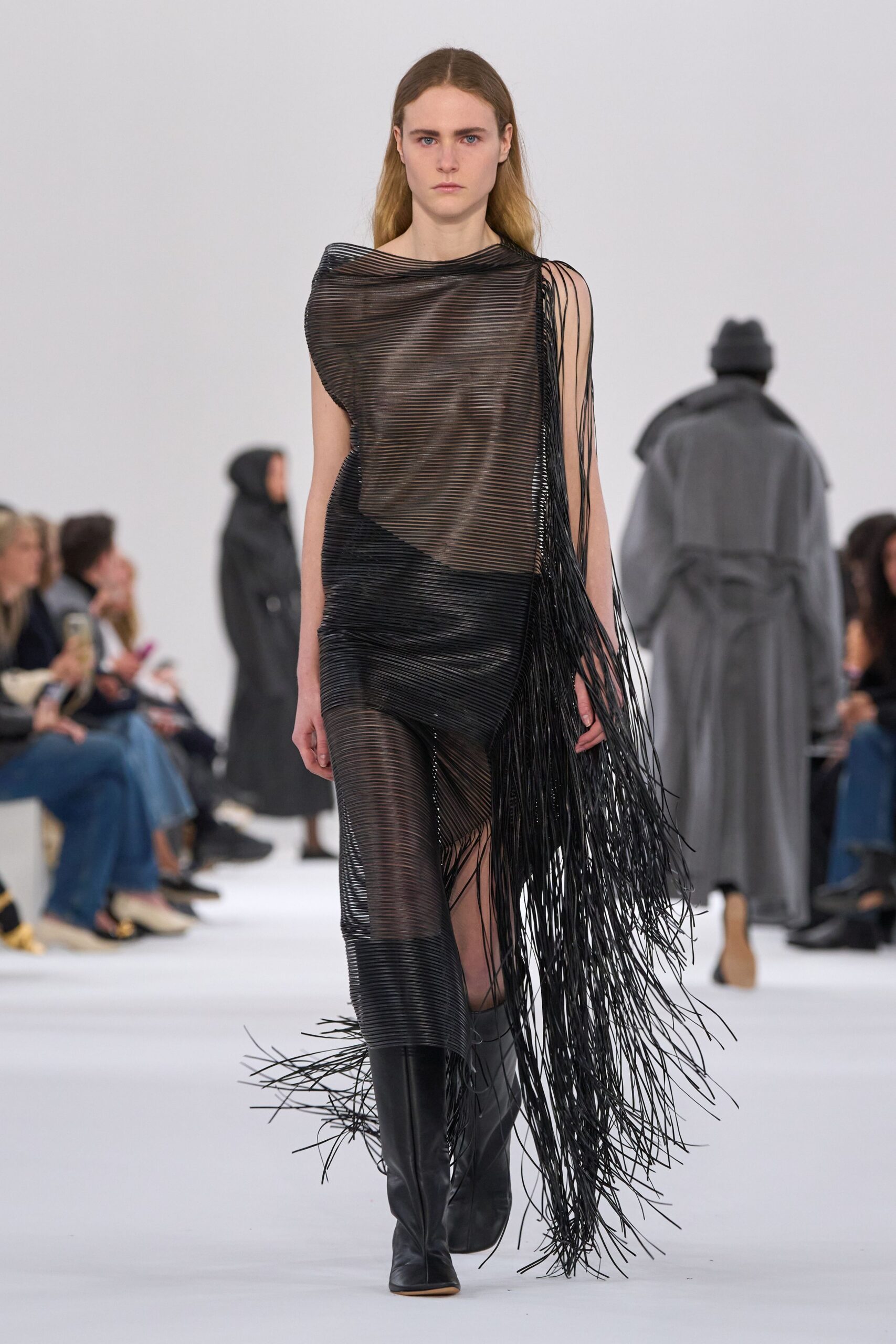 black mesh sleeveless v-neck fitted fringed sheer dress