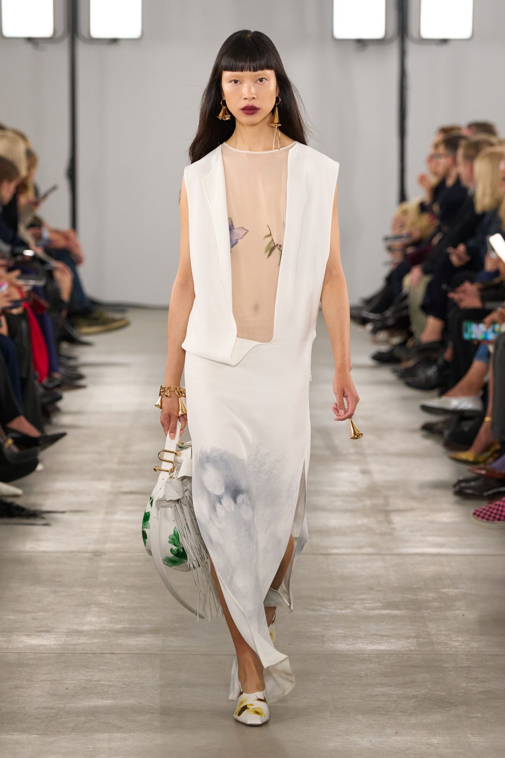 white silk sleeveless v-neck fitted draped printed dress