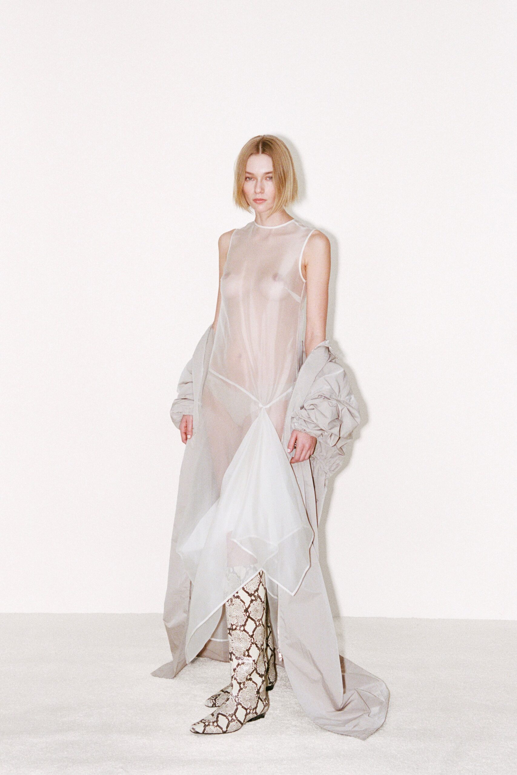 white chiffon sleeveless high-neck fitted layered sheer dress