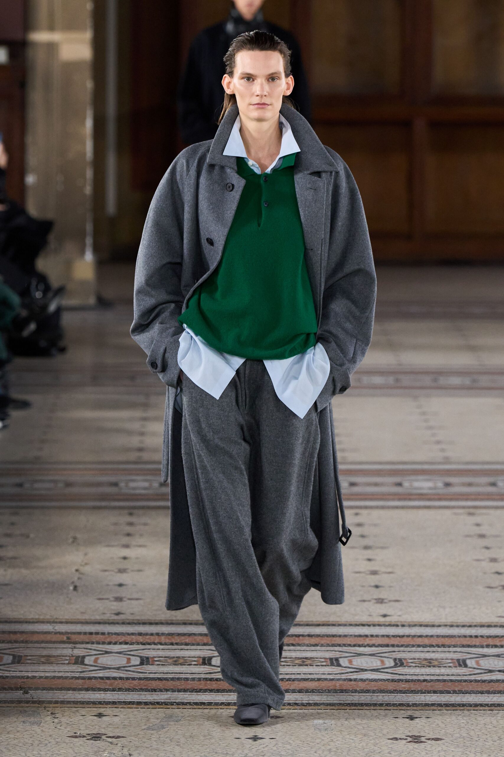 gray wool coat with green sweater