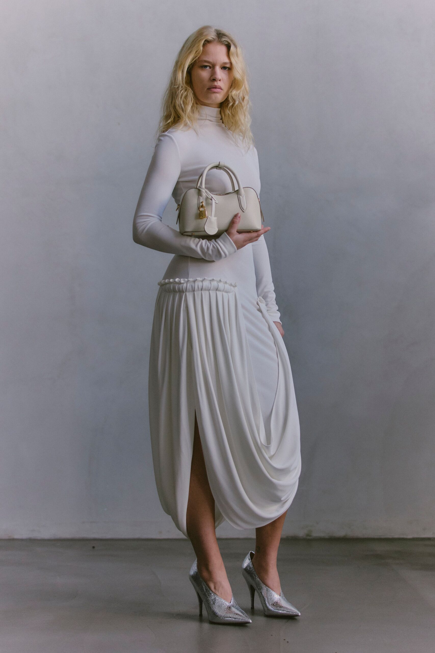 white silk long-sleeve high-neck fitted draped midi dress