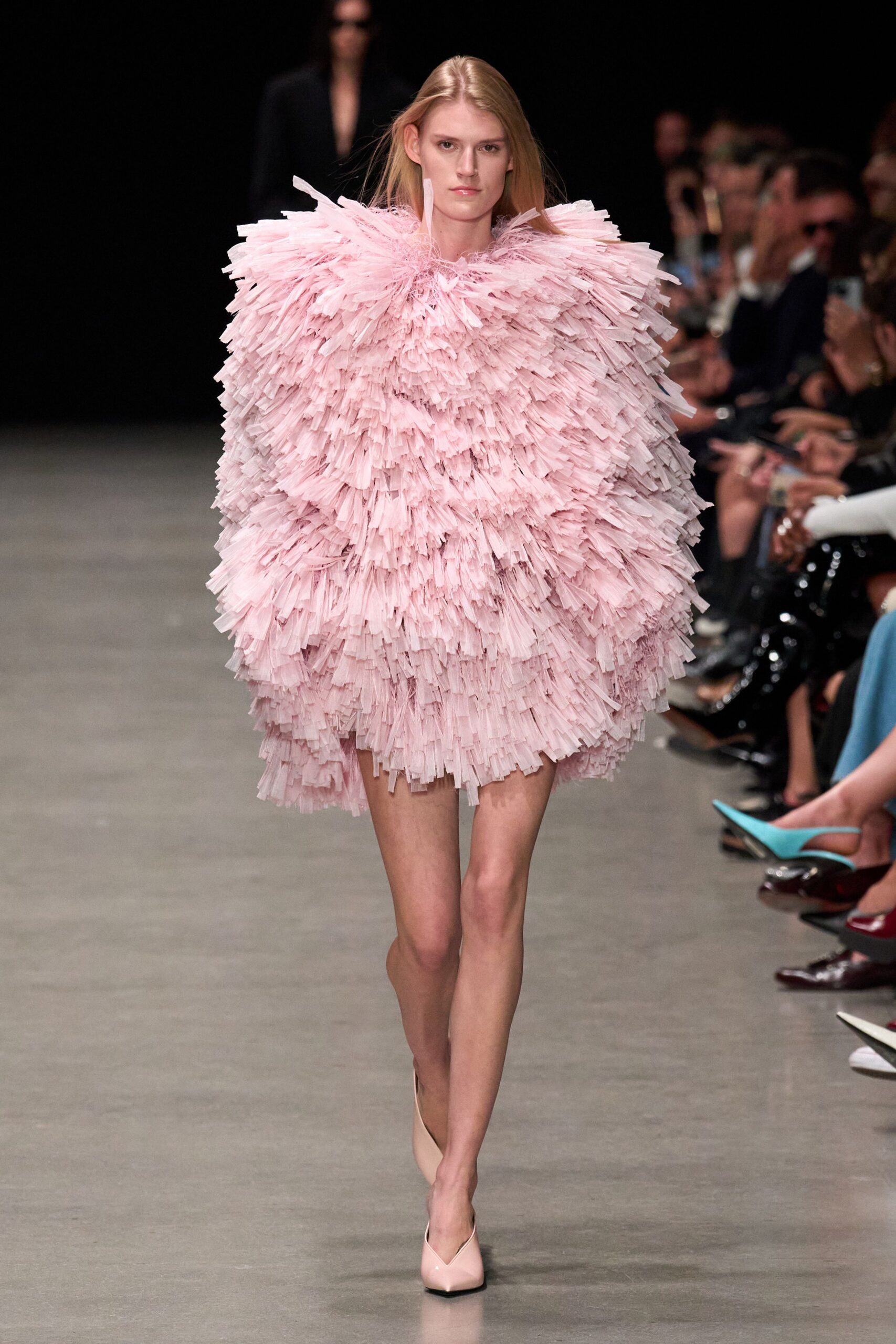 pink silk sleeveless fitted fringed flowing mini dress