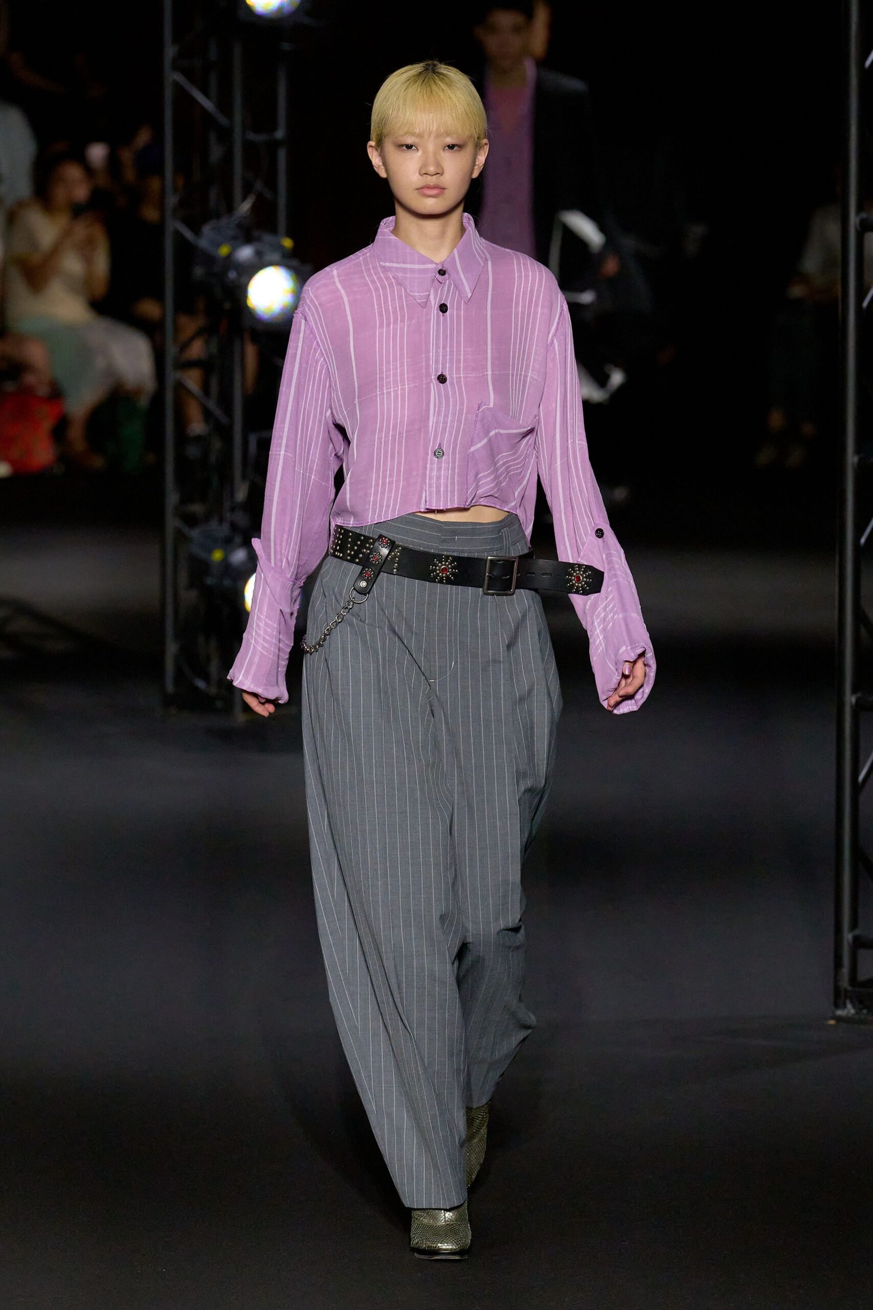 purple cotton long-sleeve collared relaxed striped buttoned shirt