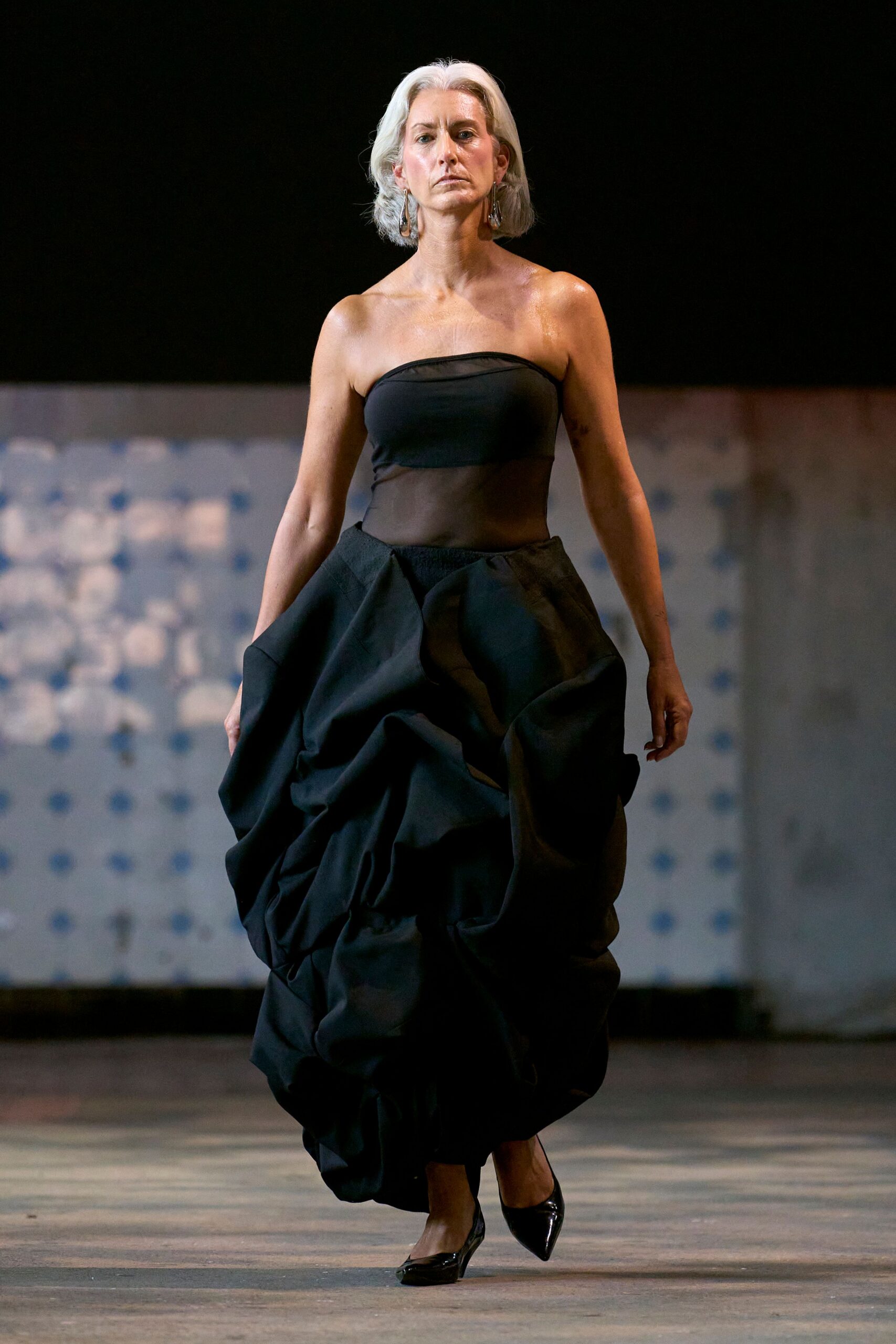 black strapless pleated gown