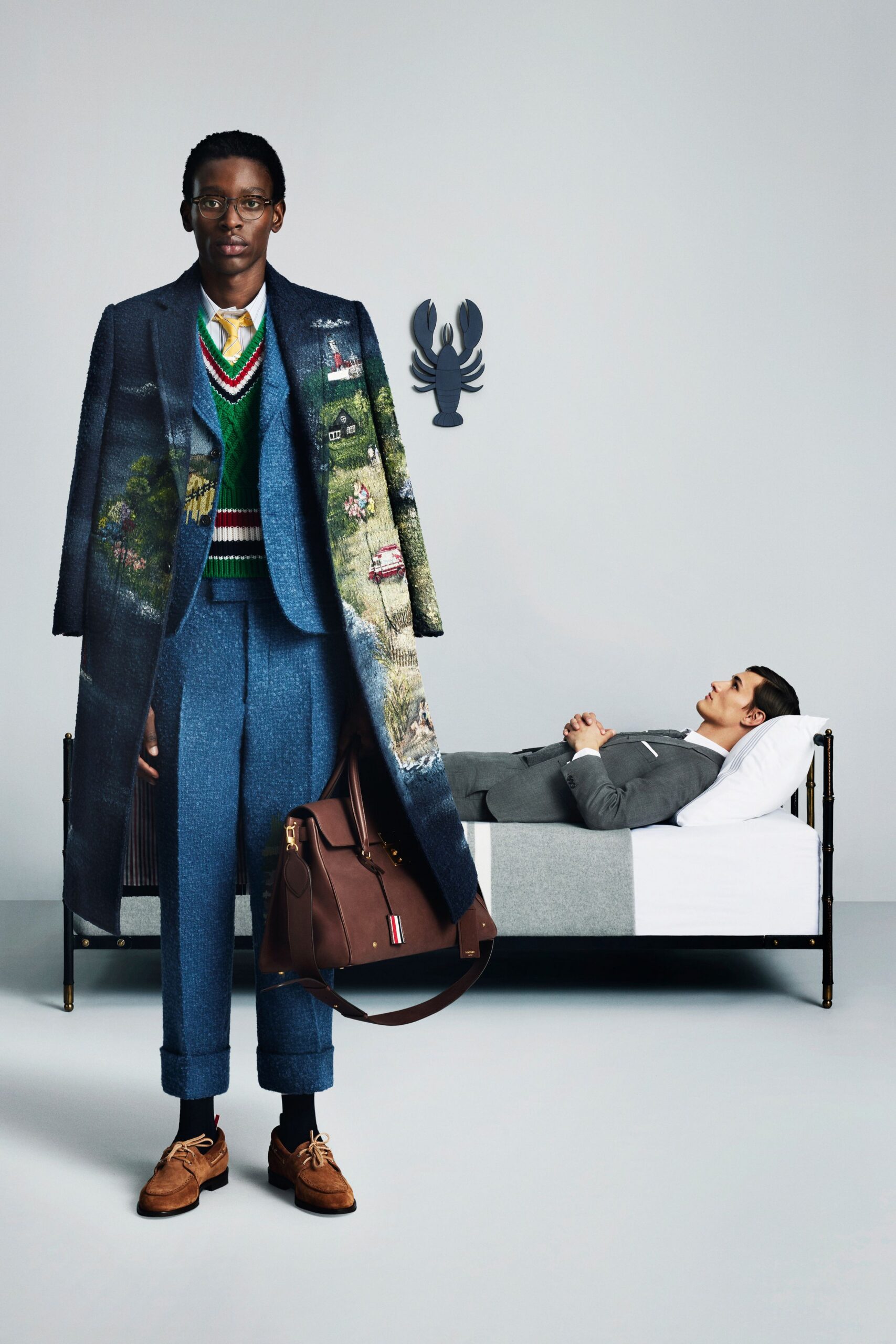 blue wool long-sleeve collared structured embroidered coat