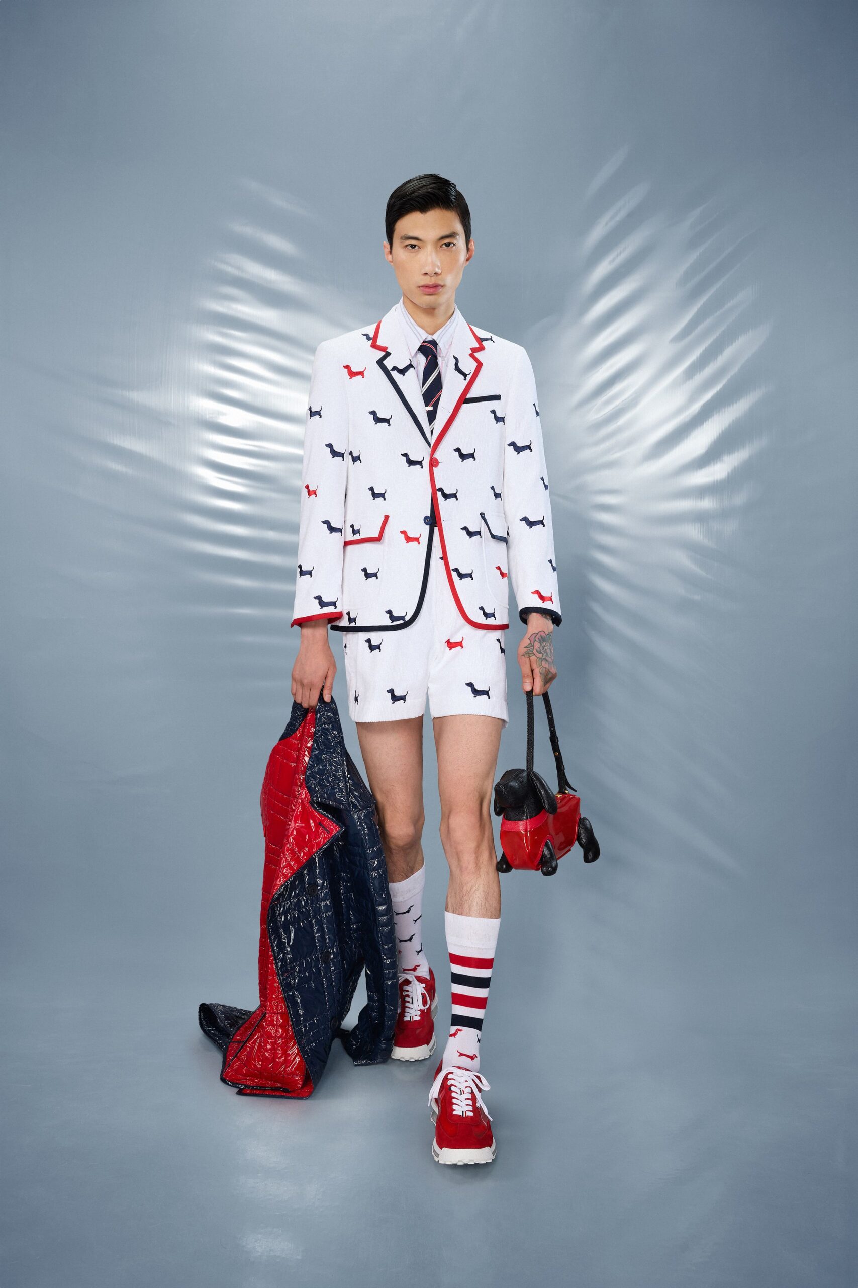 white cotton long-sleeve collared tailored buttoned printed suit
