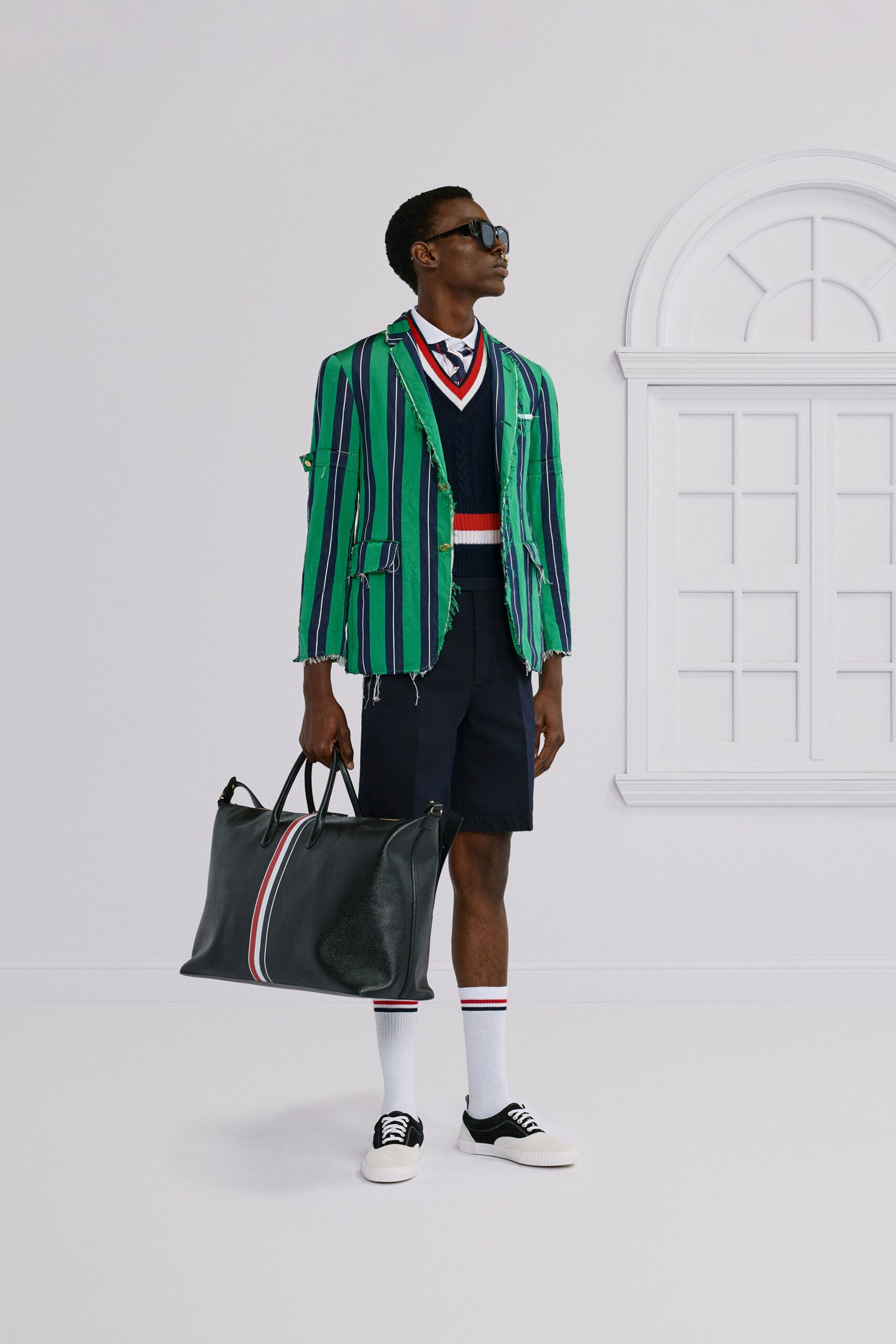 striped jacket with navy sweater