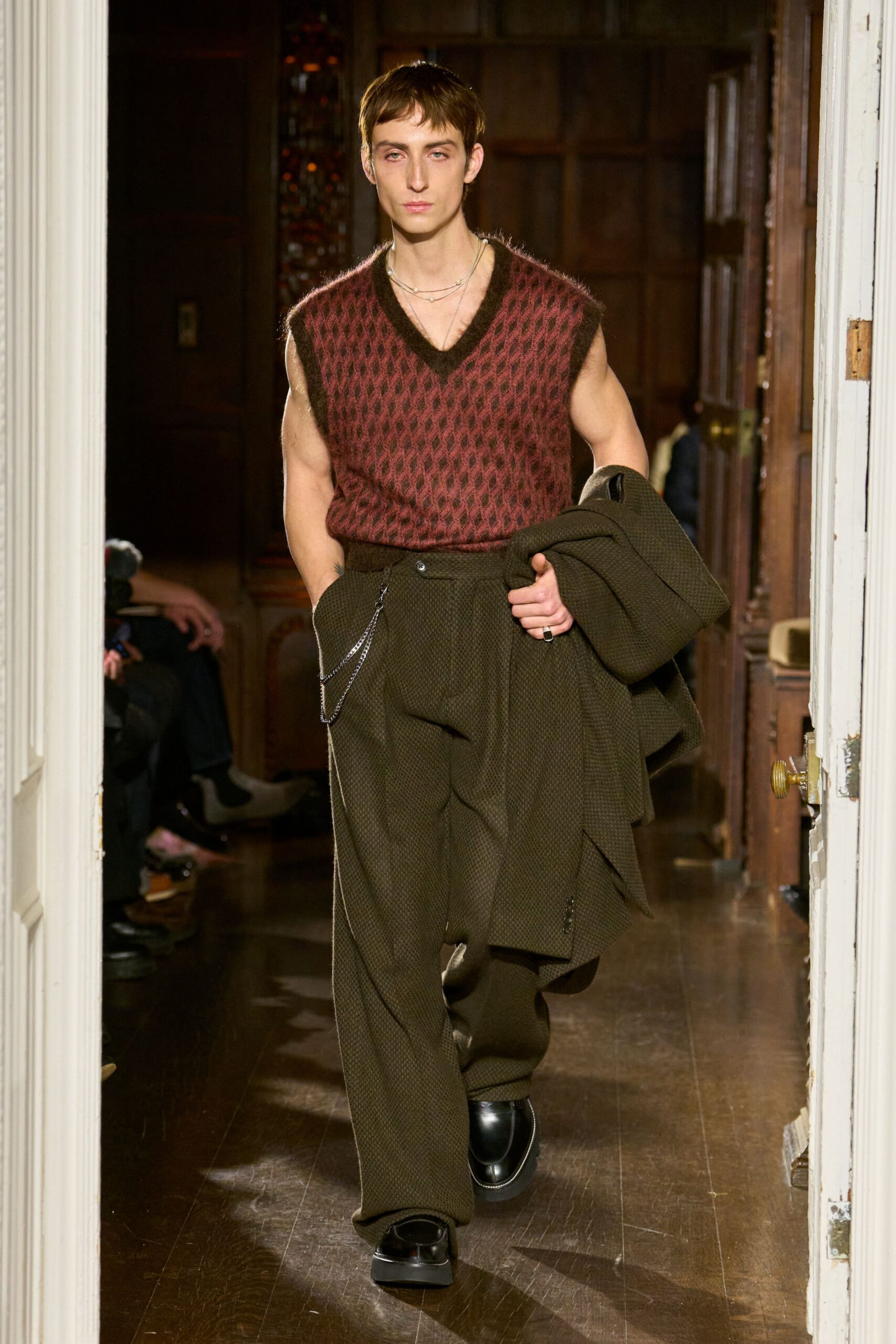 red wool sleeveless v-neck fitted textured vest
