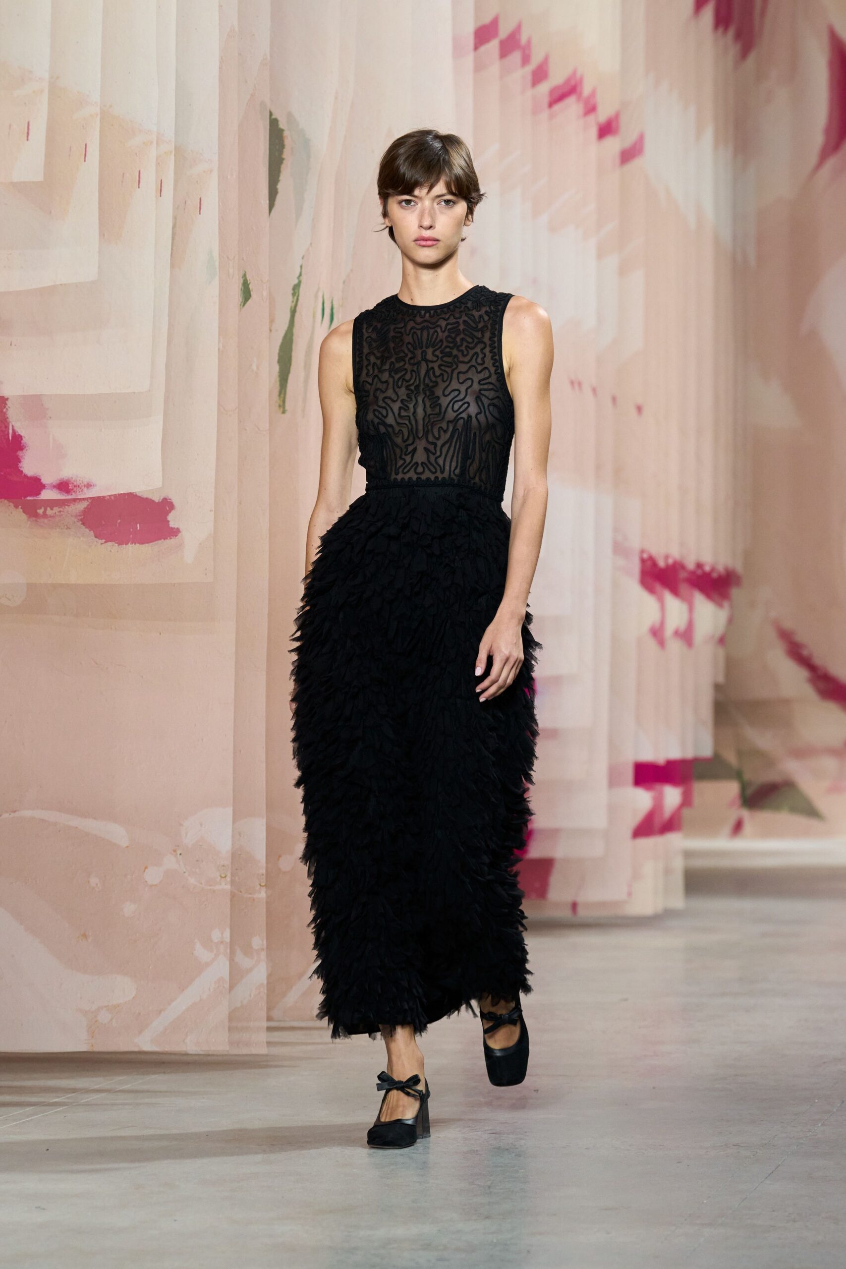 black ruffled gown with shoes