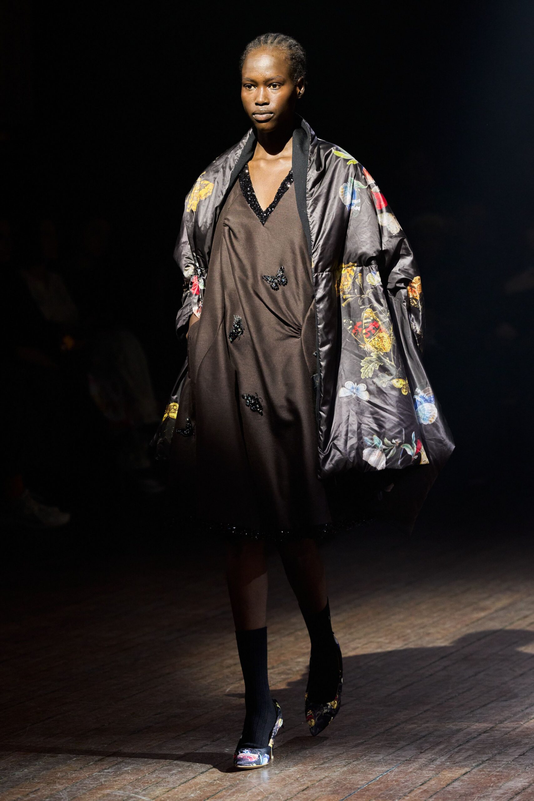 black silk embroidered dress with coat