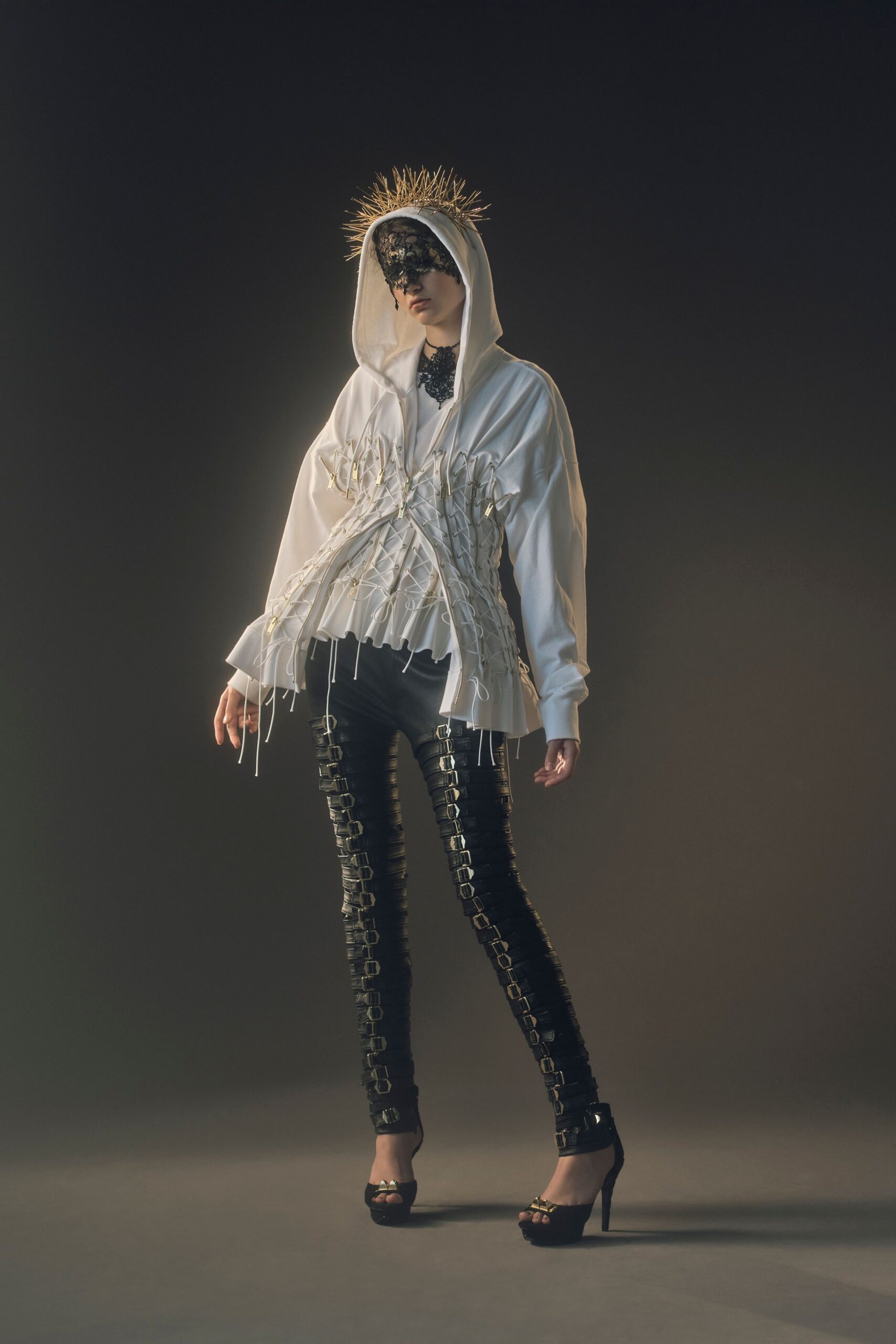 white relaxed hoodie with black pants
