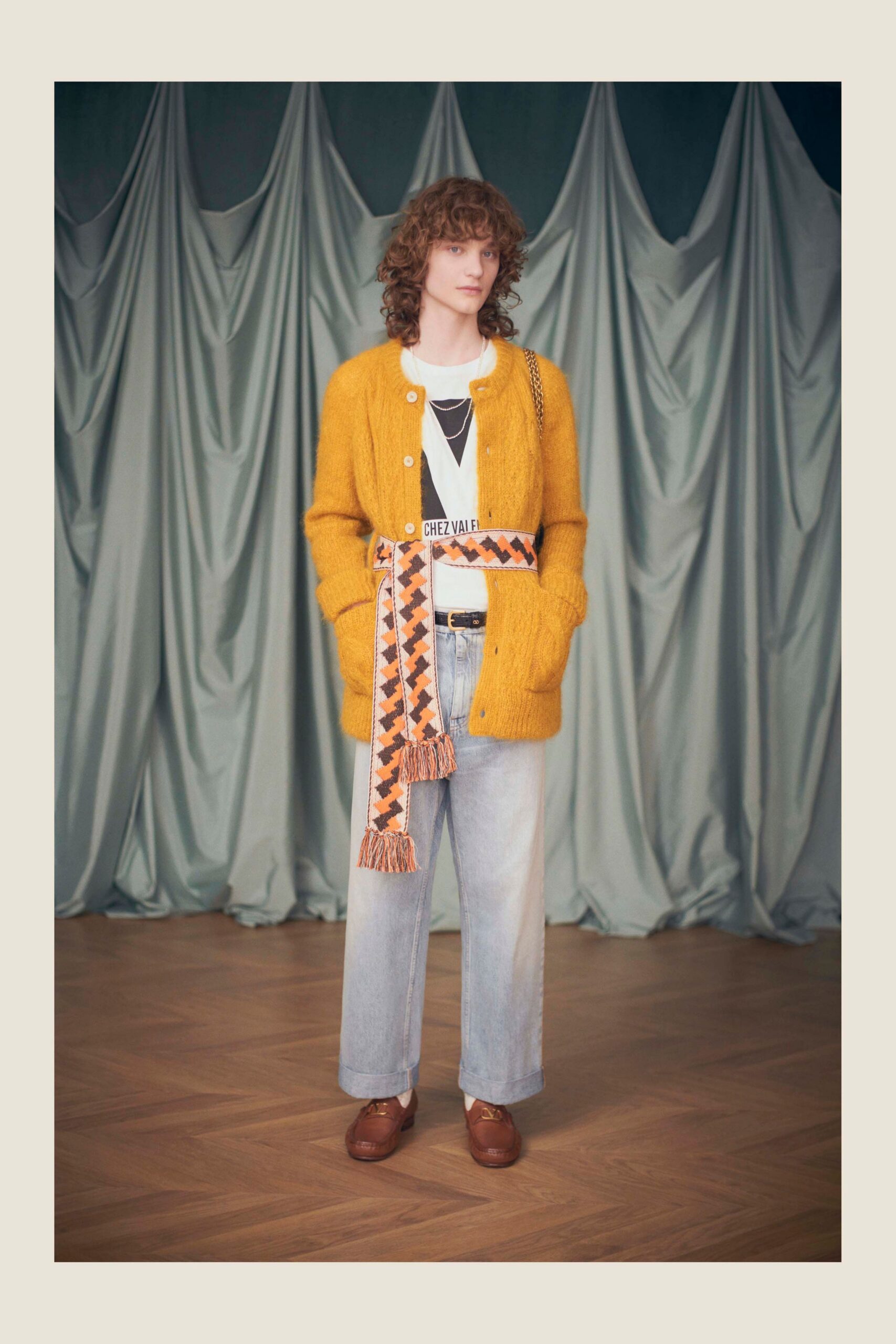 yellow wool cardigan with denim pants