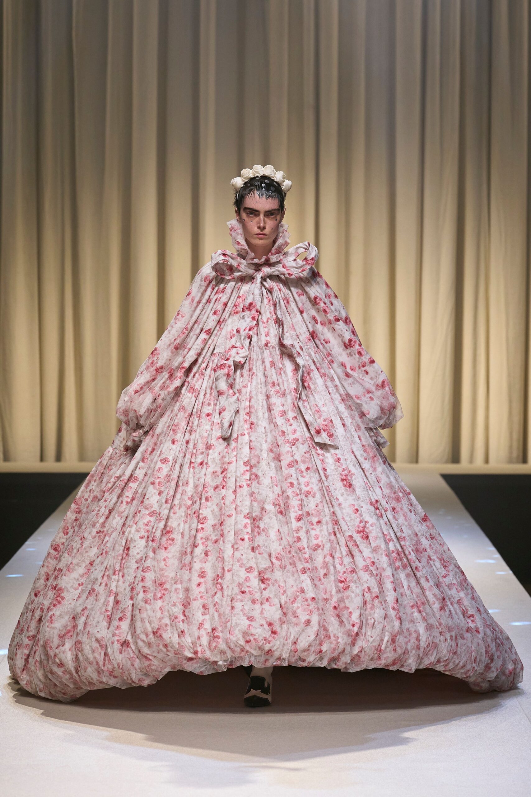 pink and white pleated gown
