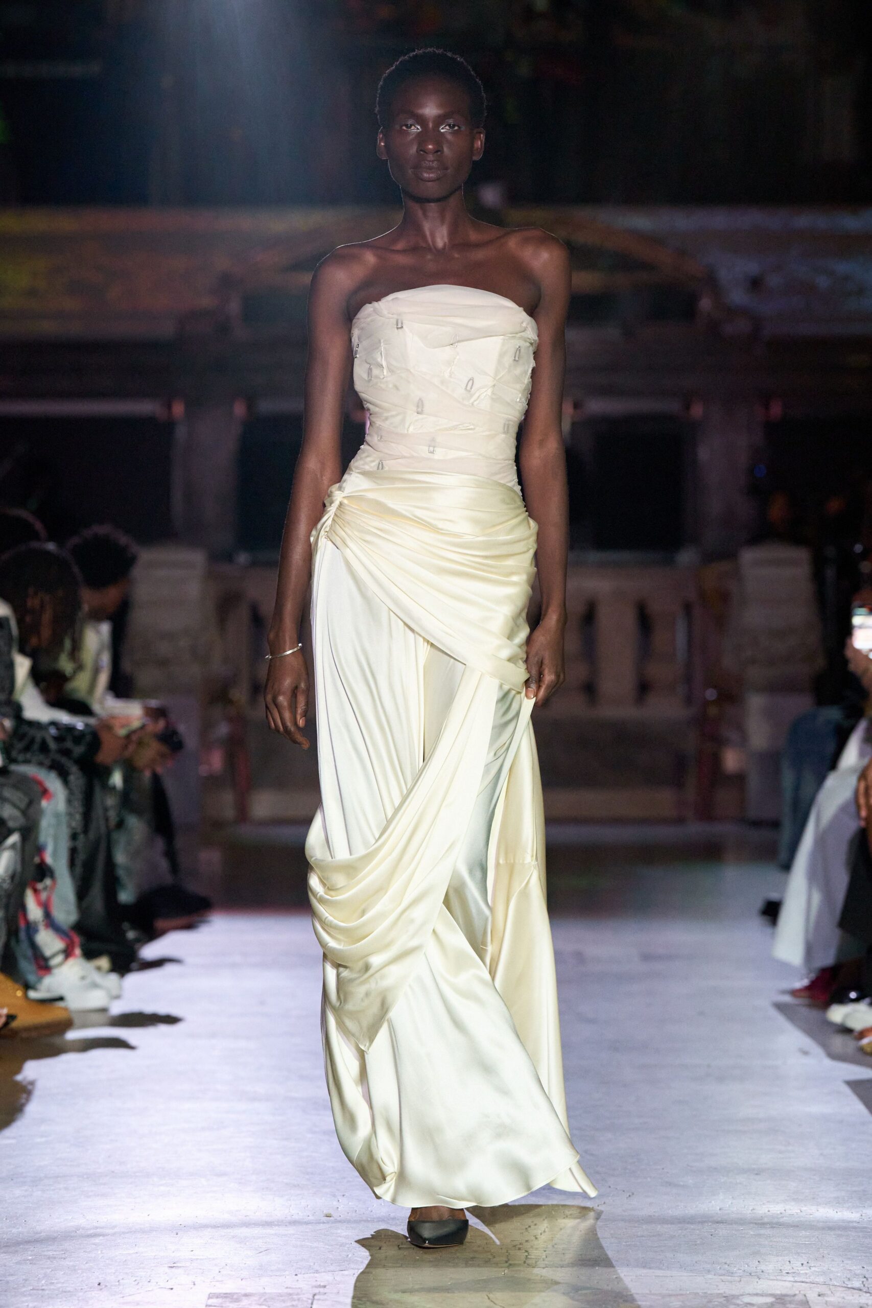 ivory silk strapless fitted draped flowing maxi gown