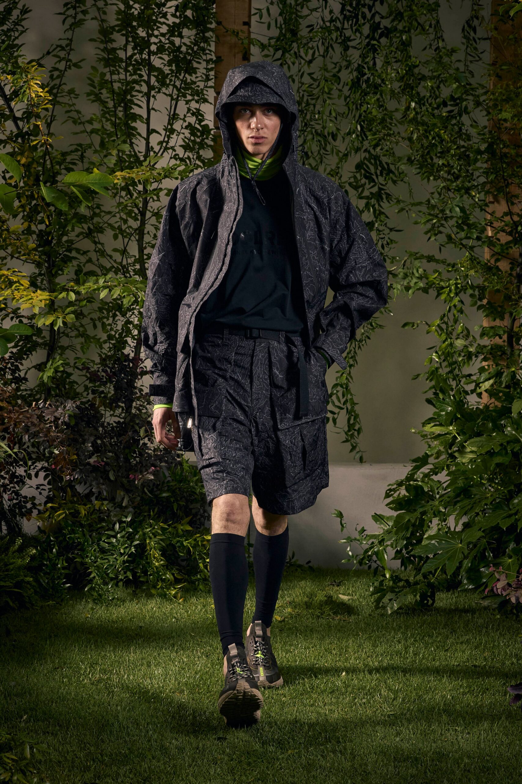 black relaxed jacket with cargo shorts