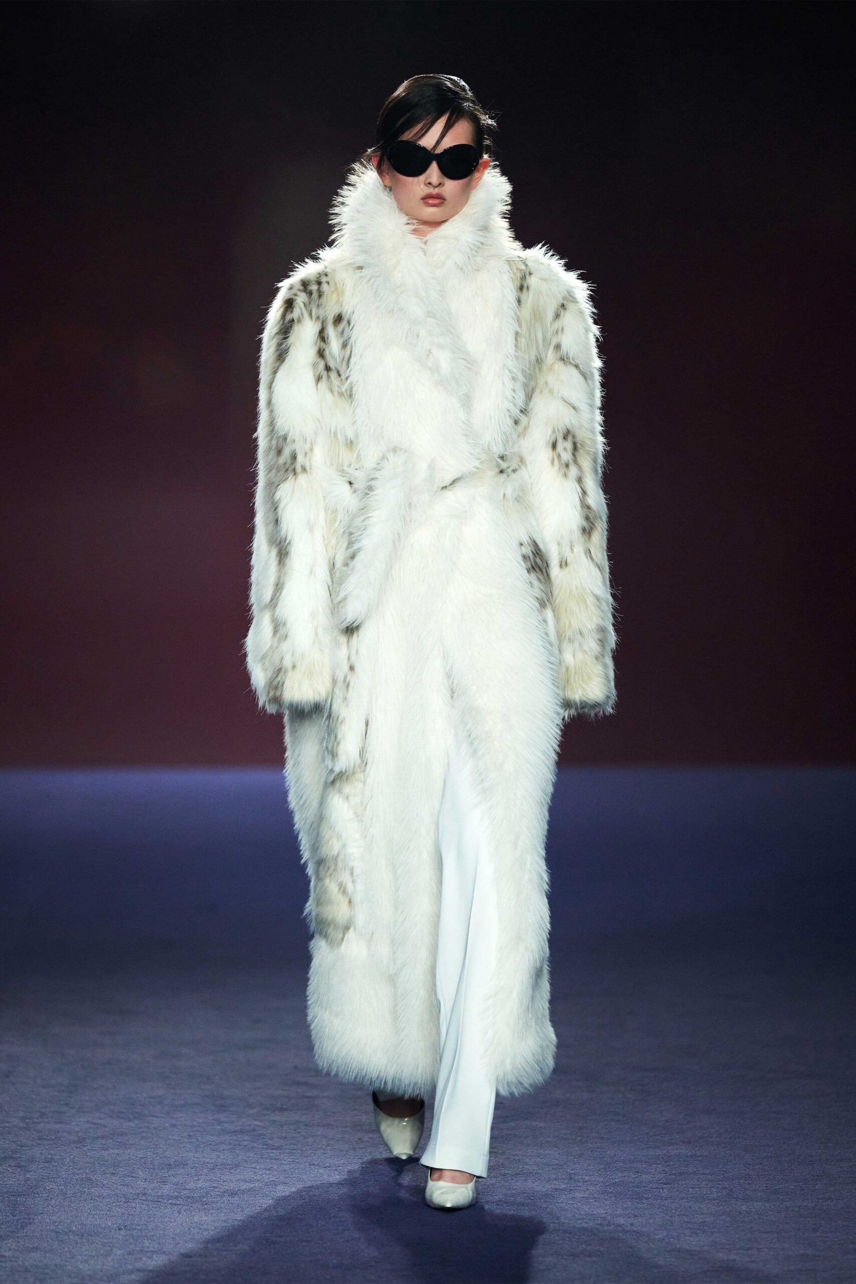 white faux-fur coat with pants