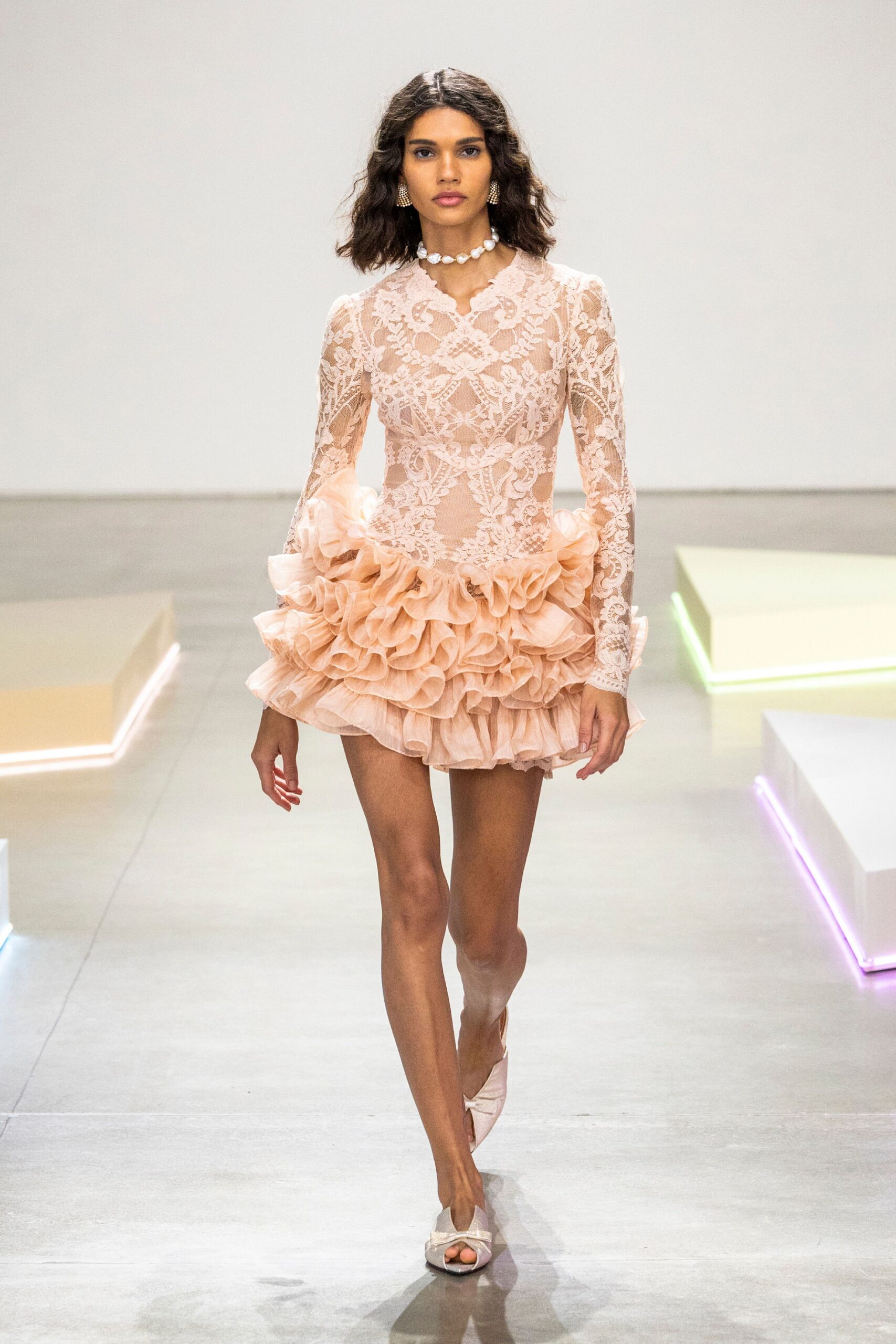 pink lace long-sleeve v-neck fitted ruffled layered dress