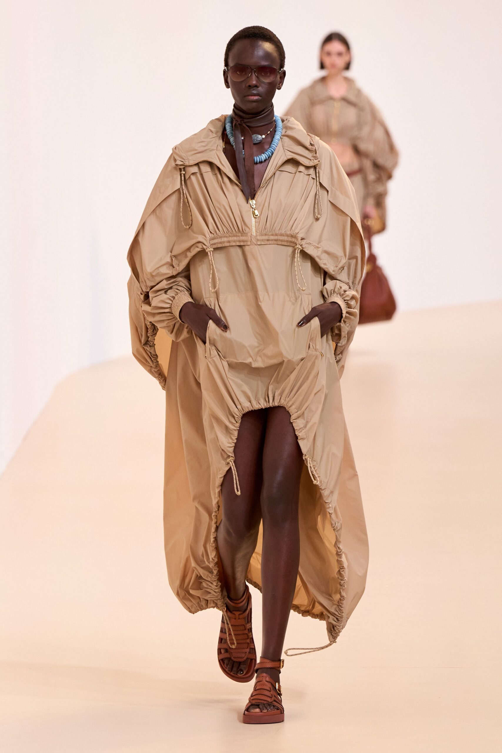 beige jersey long-sleeve hooded relaxed zippered draped dress