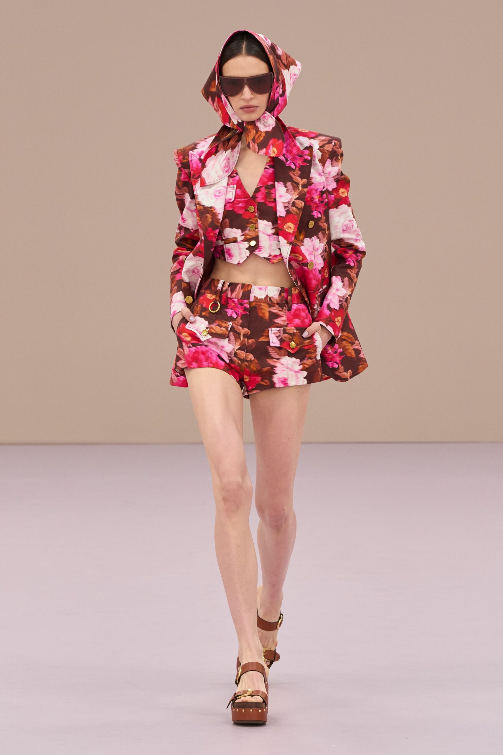 pink cotton long-sleeve collared structured floral buttoned blazer