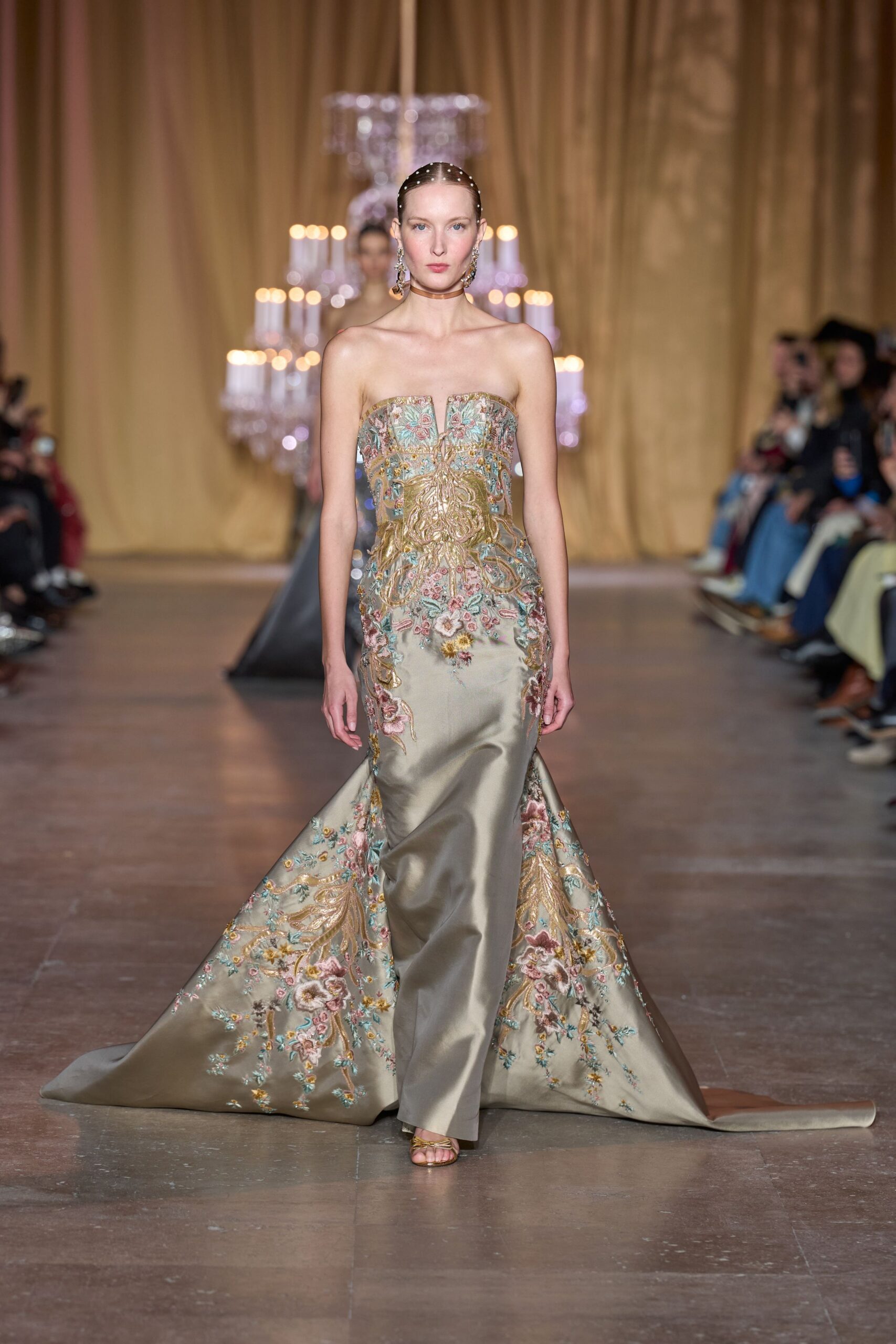 gold silk strapless fitted embroidered tiered maxi gown