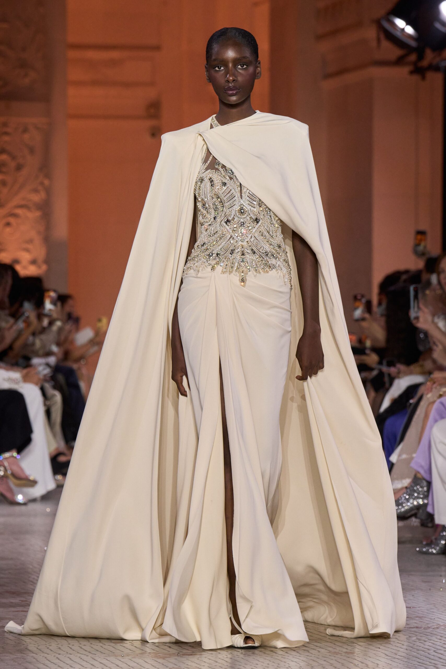 ivory silk sleeveless v-neck fitted embroidered draped gown