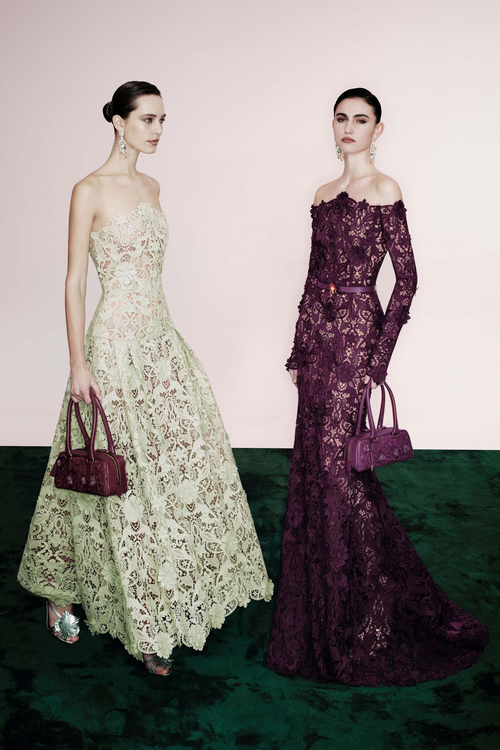 purple lace long-sleeve off-shoulder fitted flared maxi gown