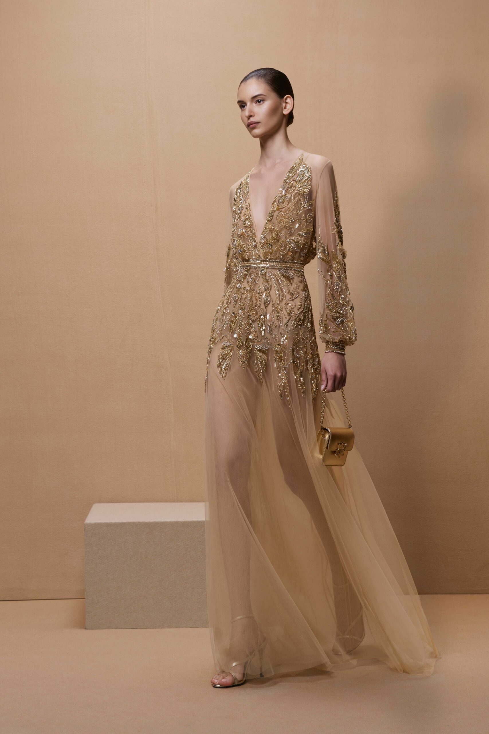 gold silk long-sleeve v-neck fitted embroidered gown