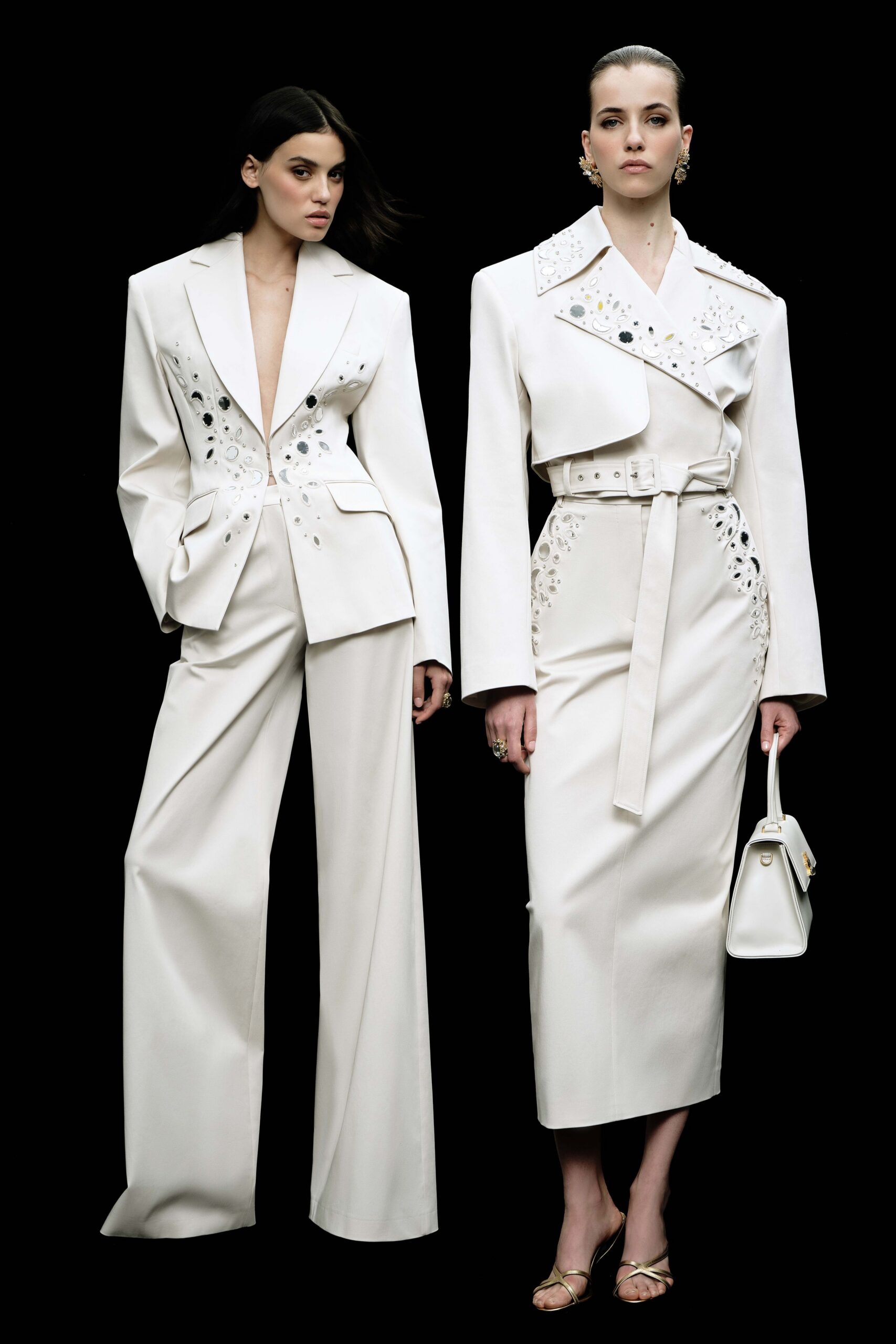 white cotton long-sleeve collared structured buttoned belted blazer