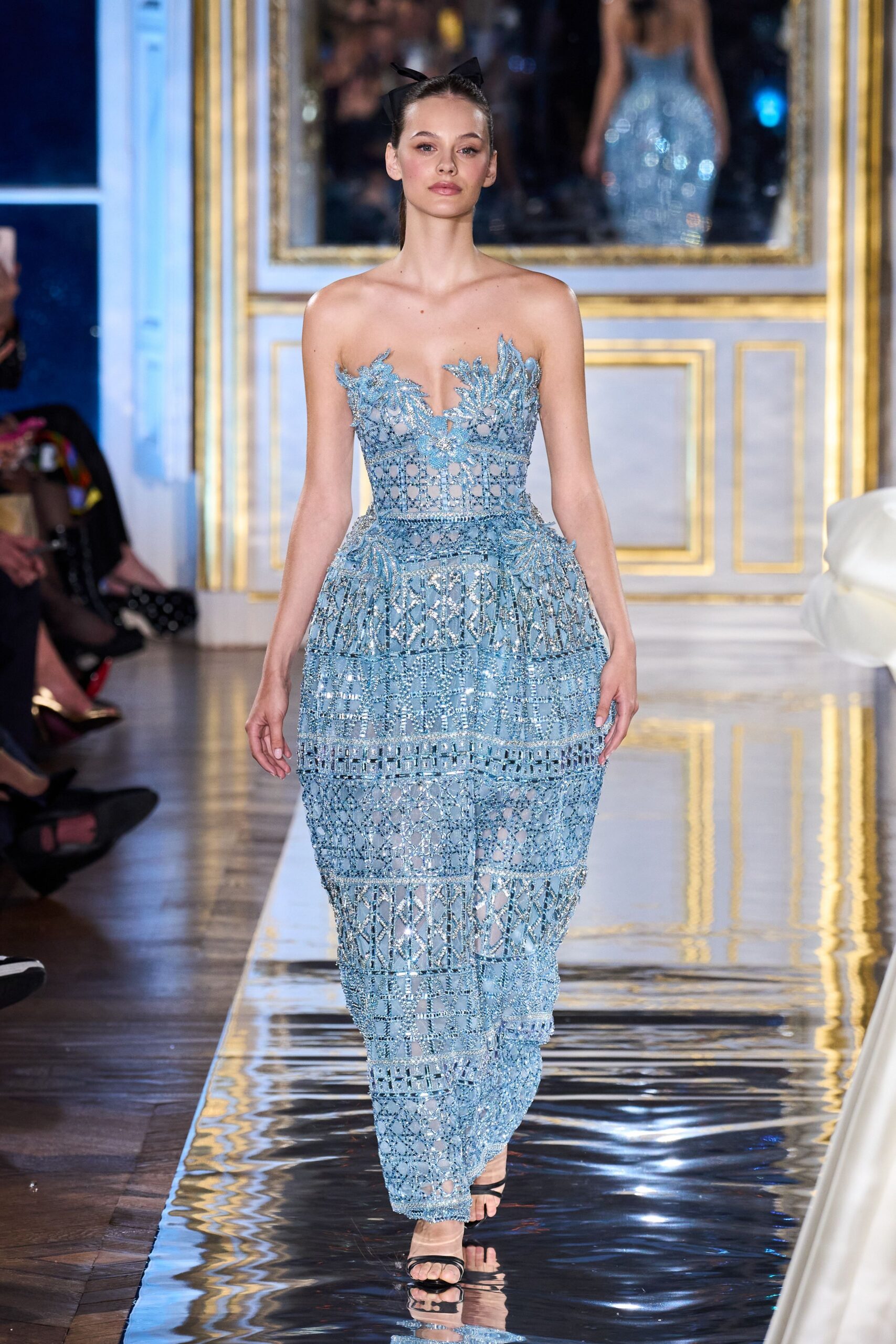 blue silk sleeveless v-neck fitted embroidered layered gown