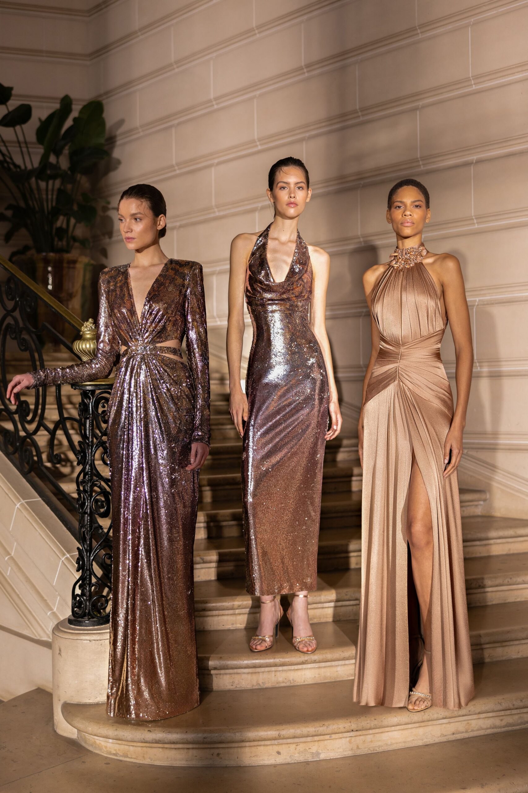 brown silk long-sleeve v-neck fitted sequined draped gown