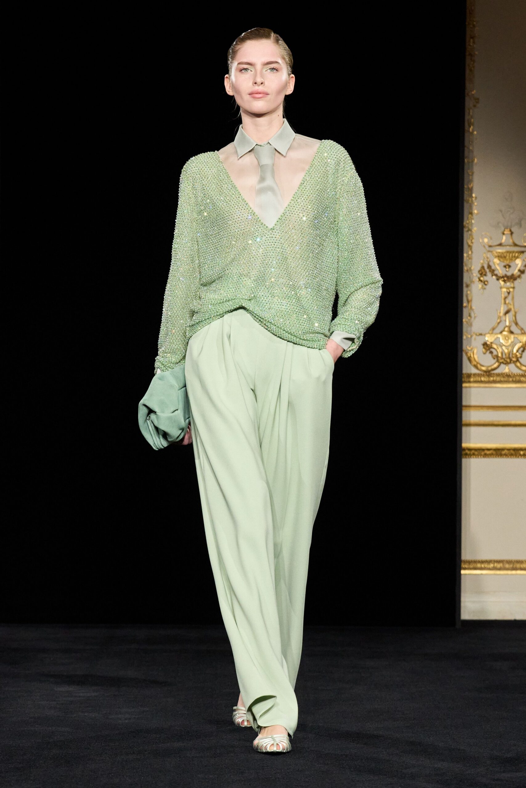 green silk long-sleeve v-neck relaxed sequined shiny top