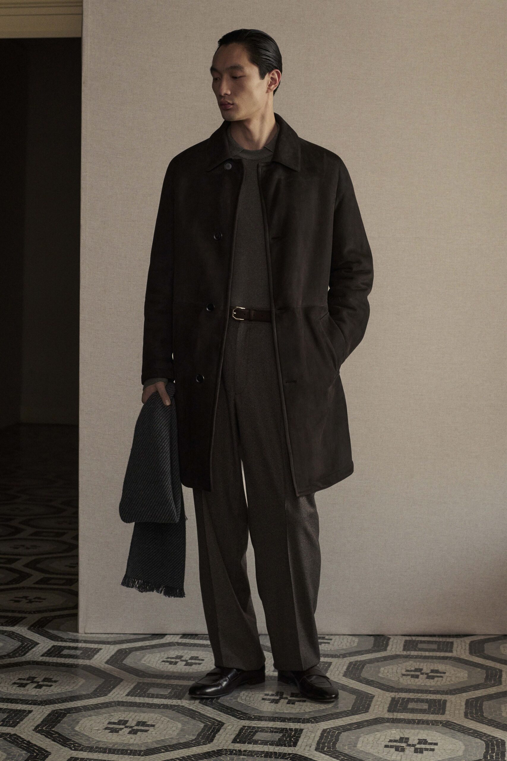 brown suede long-sleeve collared structured buttoned coat
