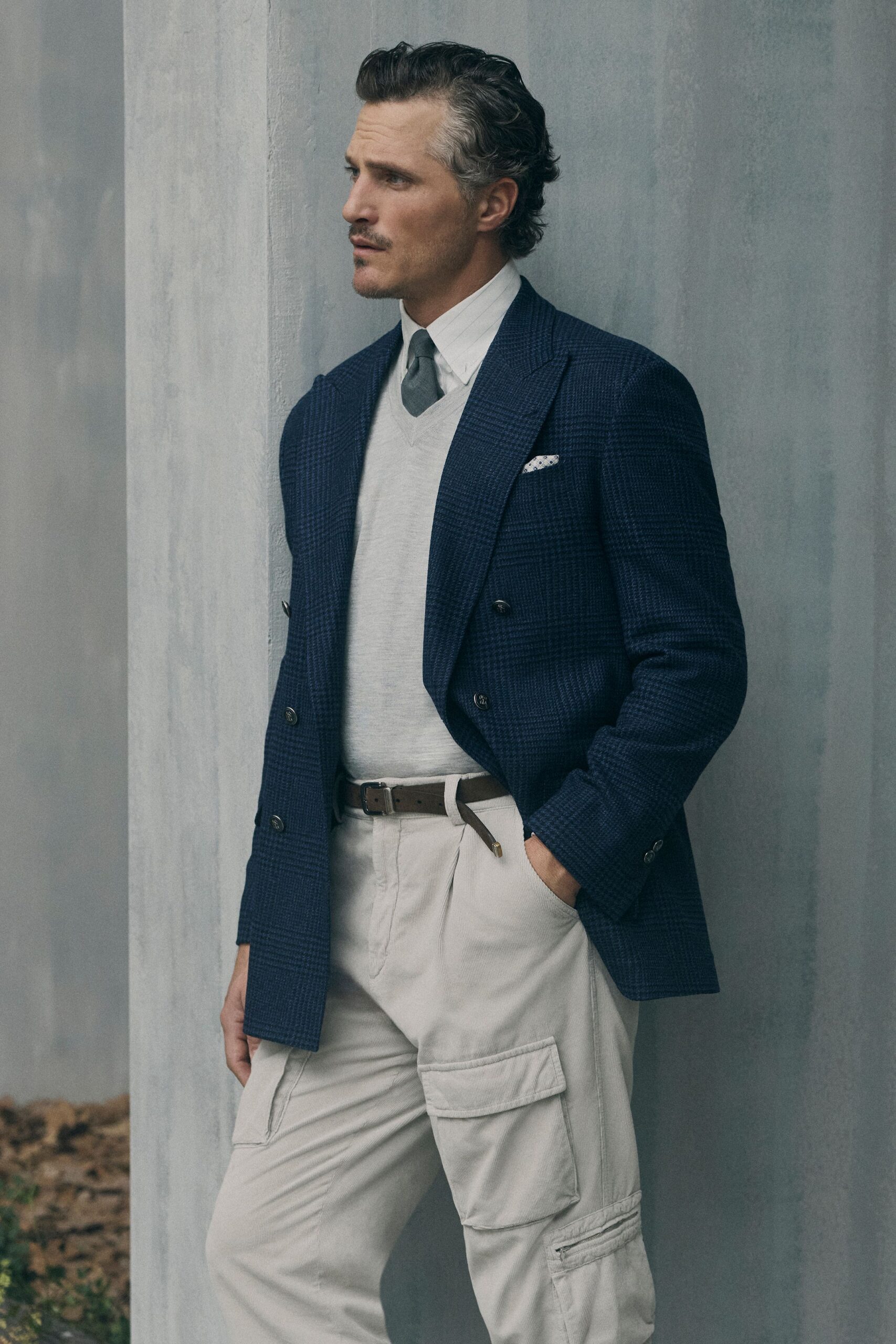 blue tailored blazer gray sweater beige cargo pants