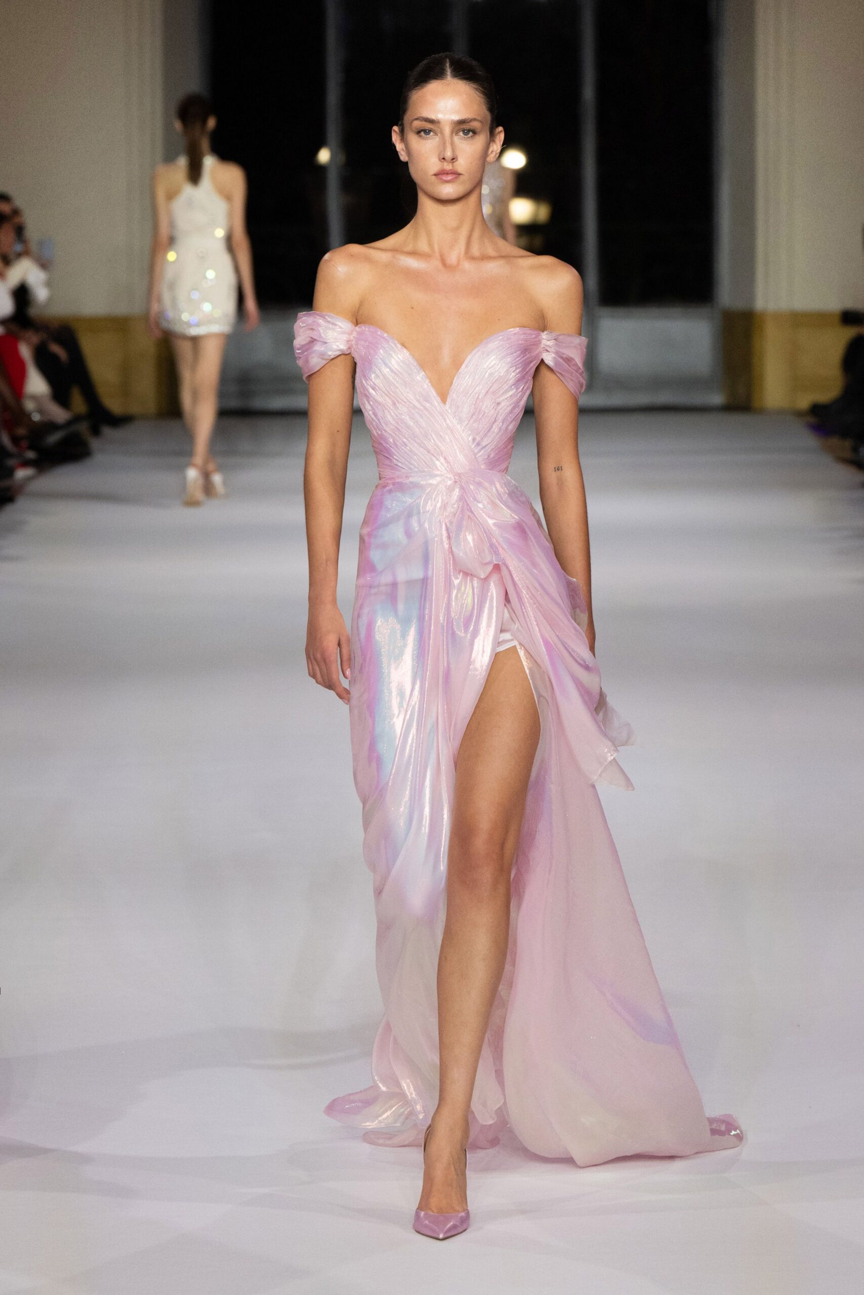 pink silk off-shoulder high-neck fitted draped flowing gown