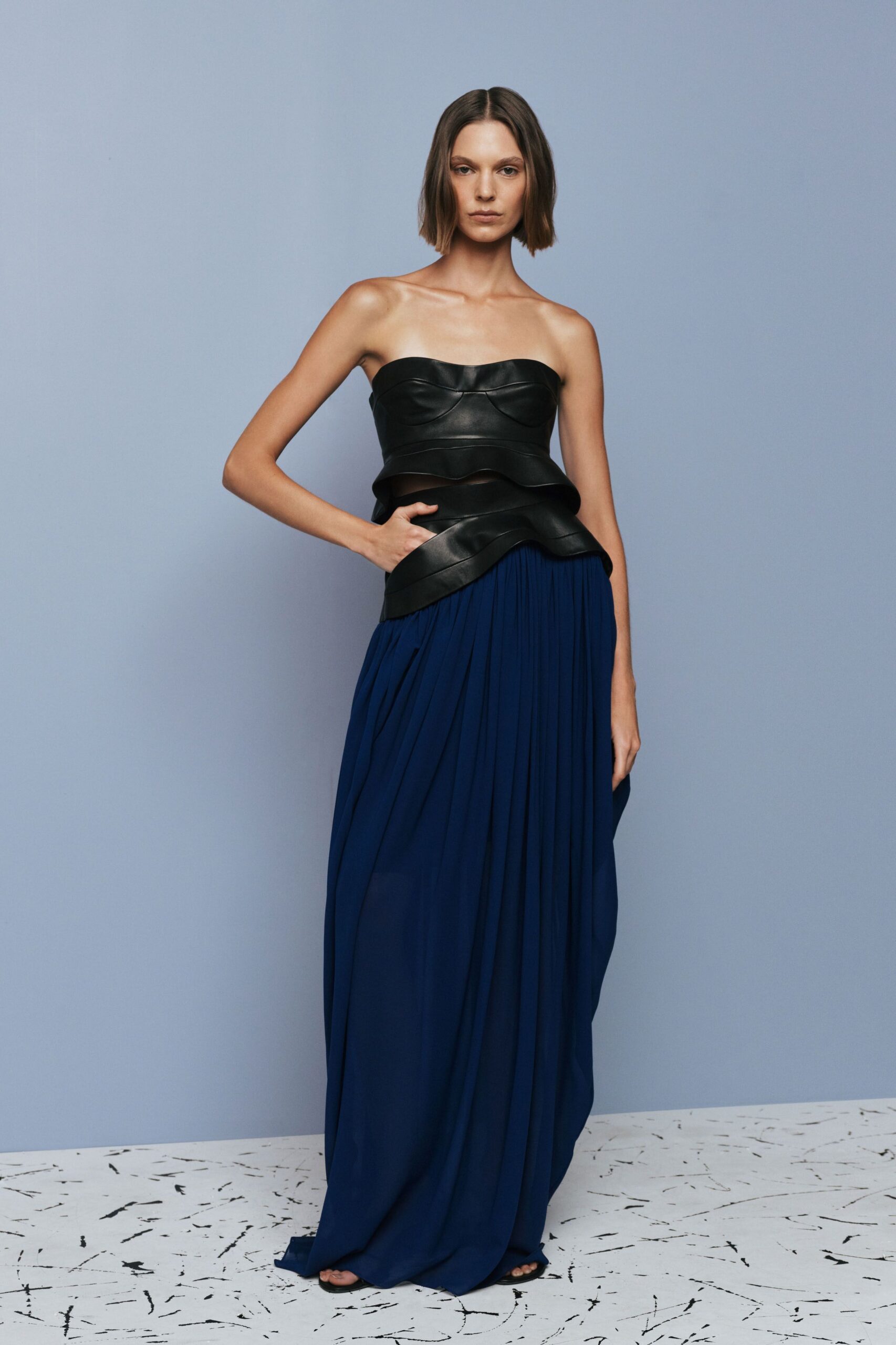 blue silk relaxed pleated flowing maxi skirt
